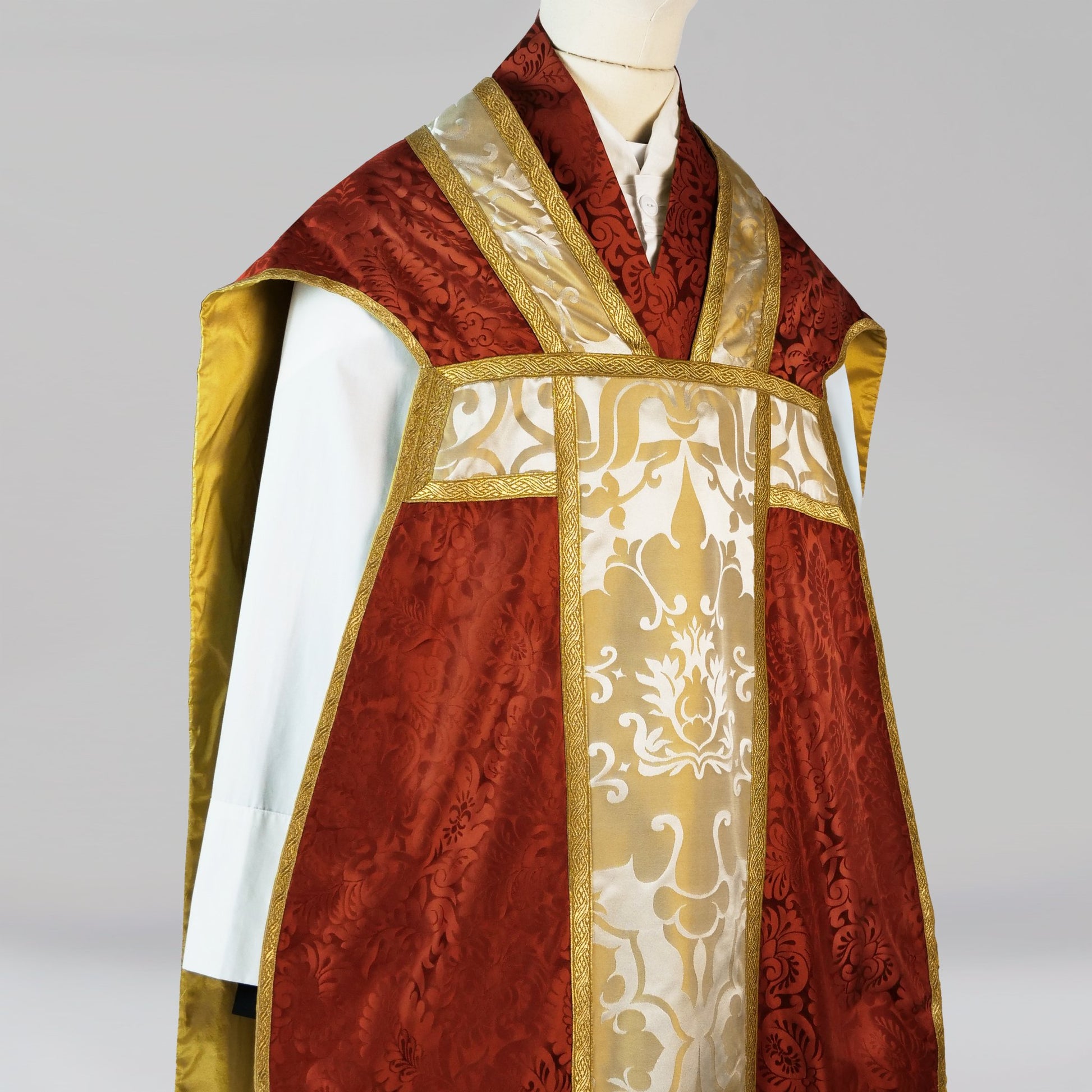 Roman Chasuble in Sarum Red 'Holbein' with Oyster/Old Gold 'Bellini' Orphreys - Watts & Co.