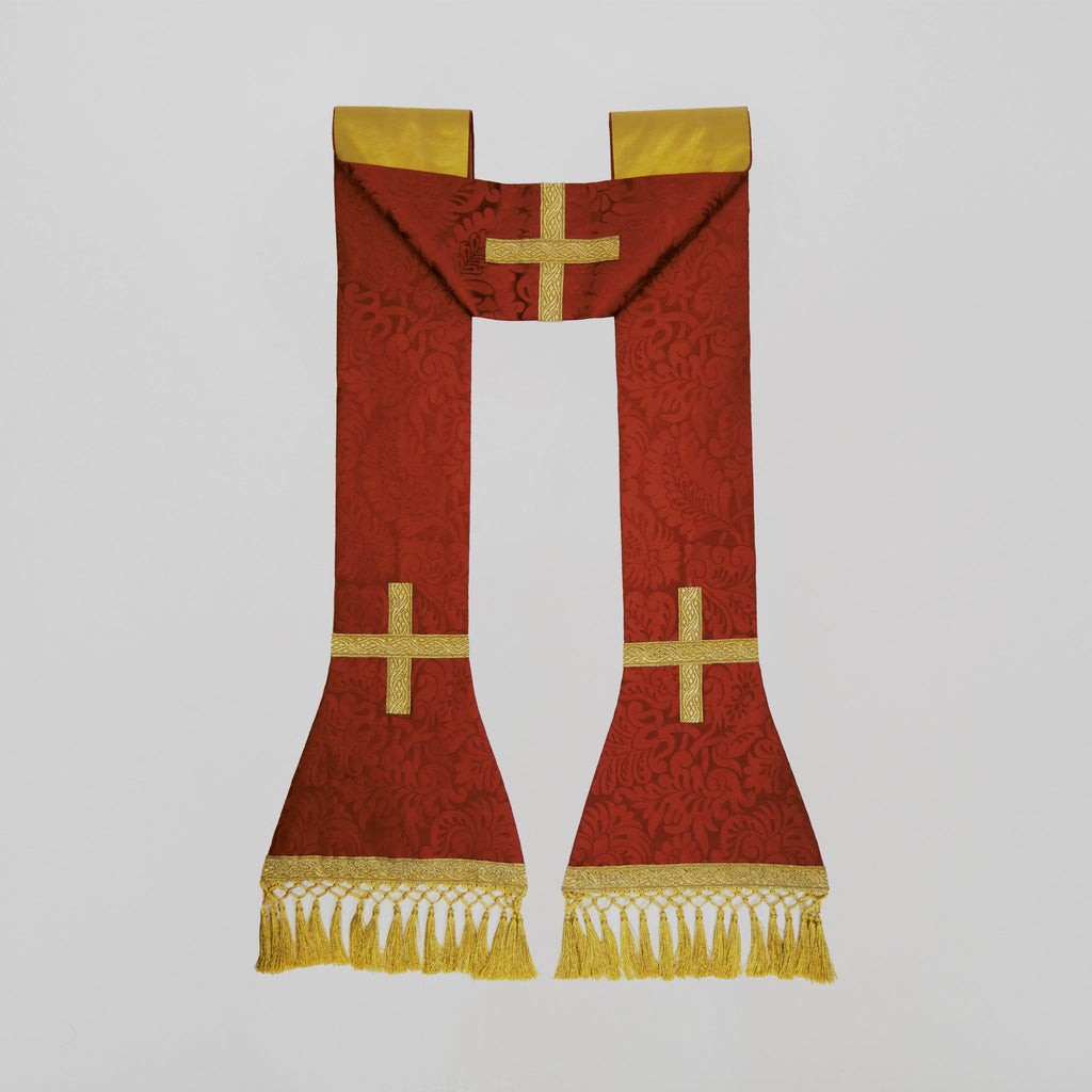 Roman Chasuble in Sarum Red 'Holbein' with Oyster/Old Gold 'Bellini' Orphreys - Watts & Co.