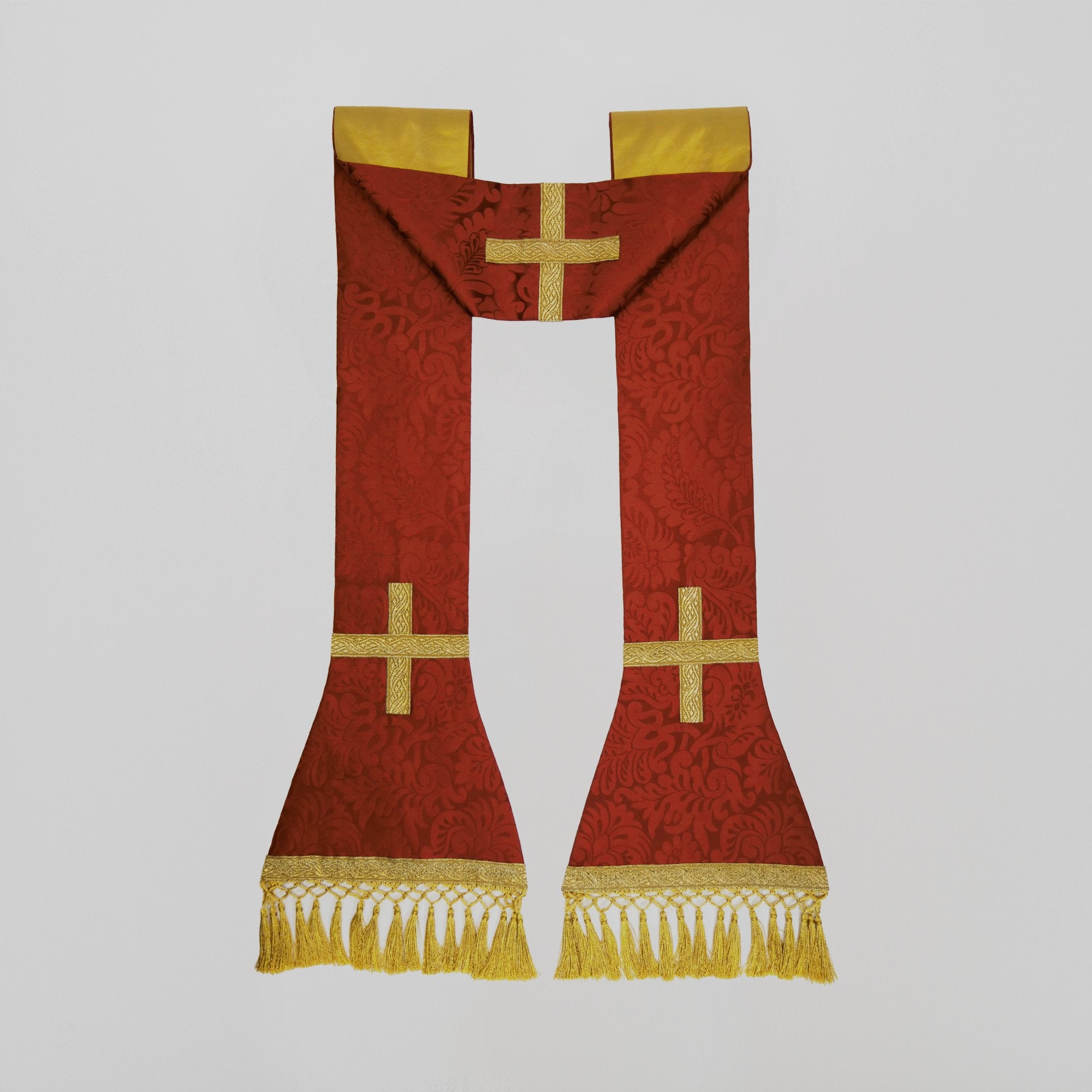 Roman Chasuble in Sarum Red 'Holbein' with Oyster/Old Gold 'Bellini' Orphreys - Watts & Co.