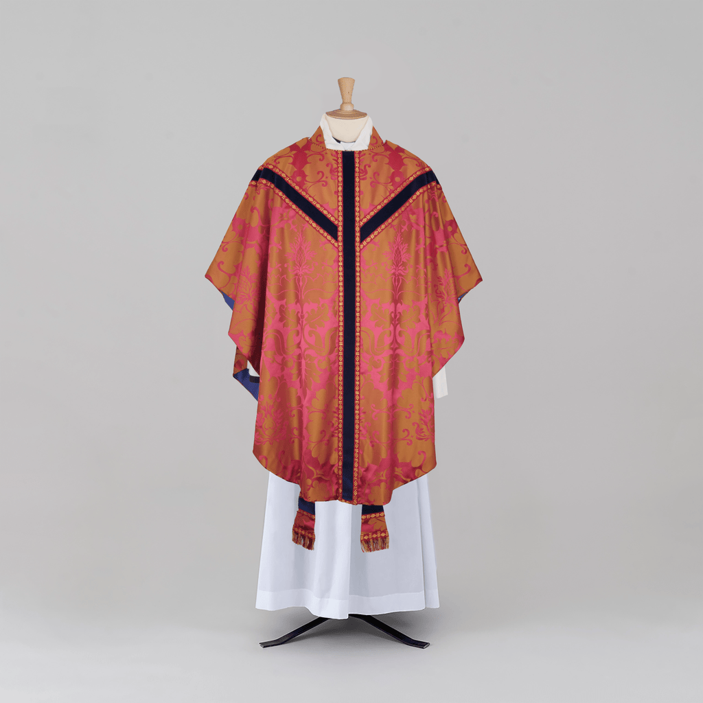 Sarum Style Chasuble in Rose and Gold 'Bellini' Silk with Blue 'Venice Velvet' Orphreys - Watts & Co.
