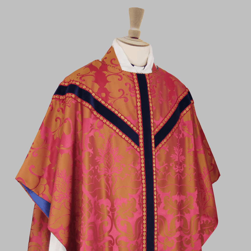 Sarum Style Chasuble in Rose and Gold 'Bellini' Silk with Blue 'Venice Velvet' Orphreys - Watts & Co.