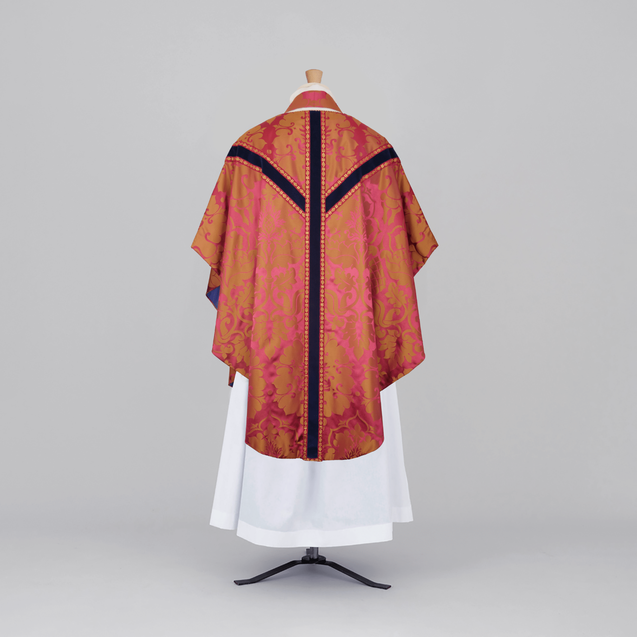 Sarum Style Chasuble in Rose and Gold 'Bellini' Silk with Blue 'Venice Velvet' Orphreys - Watts & Co.