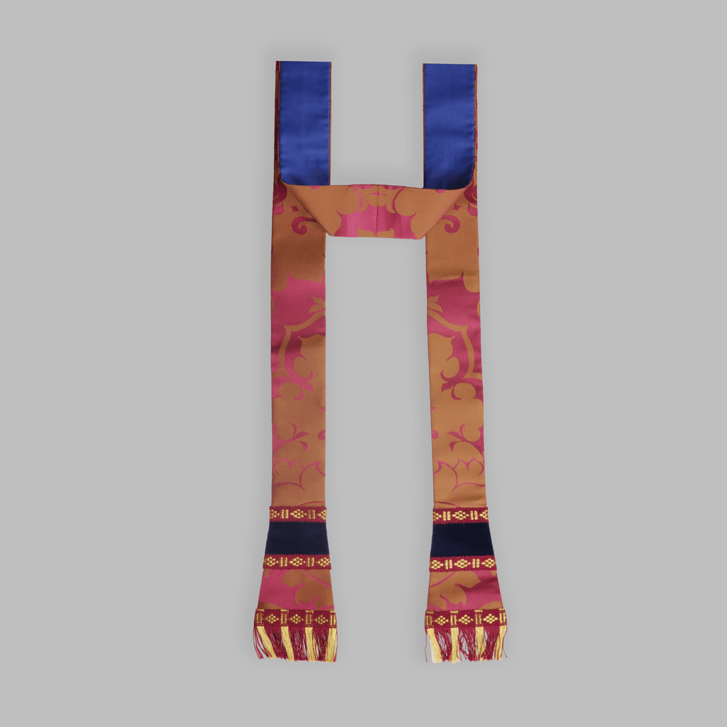 Sarum Style Chasuble in Rose and Gold 'Bellini' Silk with Blue 'Venice Velvet' Orphreys - Watts & Co.