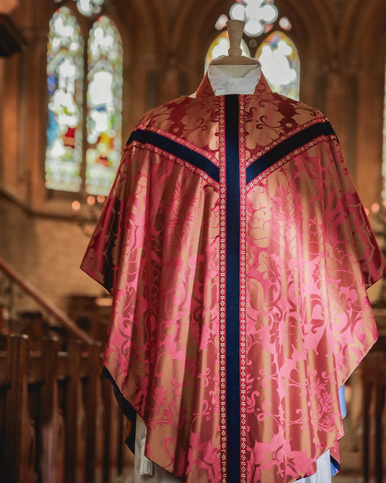 Sarum Style Chasuble in Rose/Gold 'Bellini' Silk with Blue Velvet Orphreys - Watts & Co.