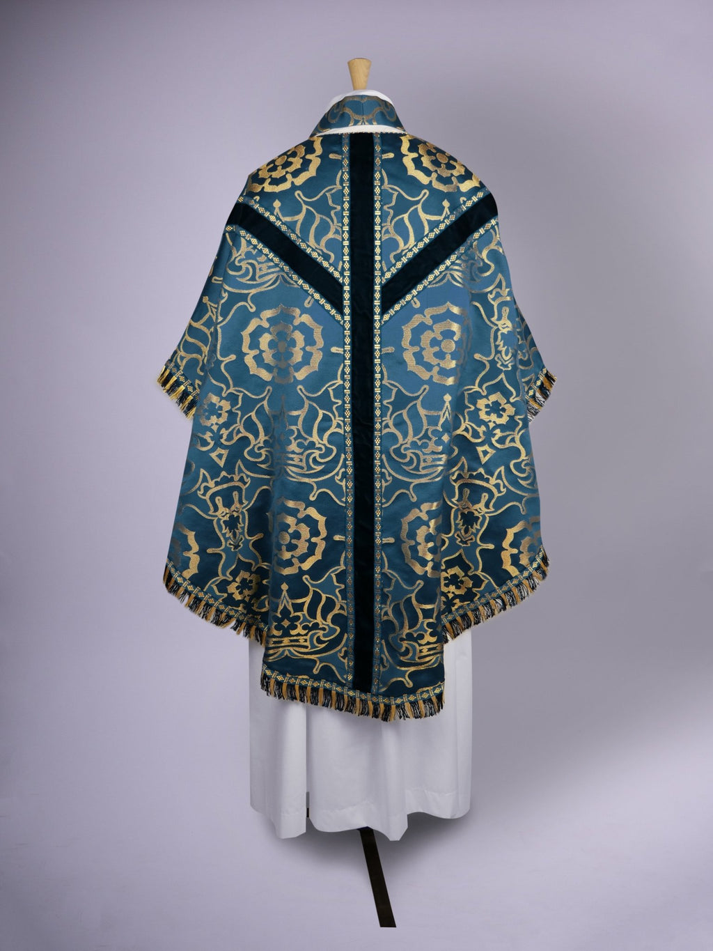 Semi-Gothic Chasuble in Blue/Gold 'Coronation' with Velvet Orphreys - Watts & Co.
