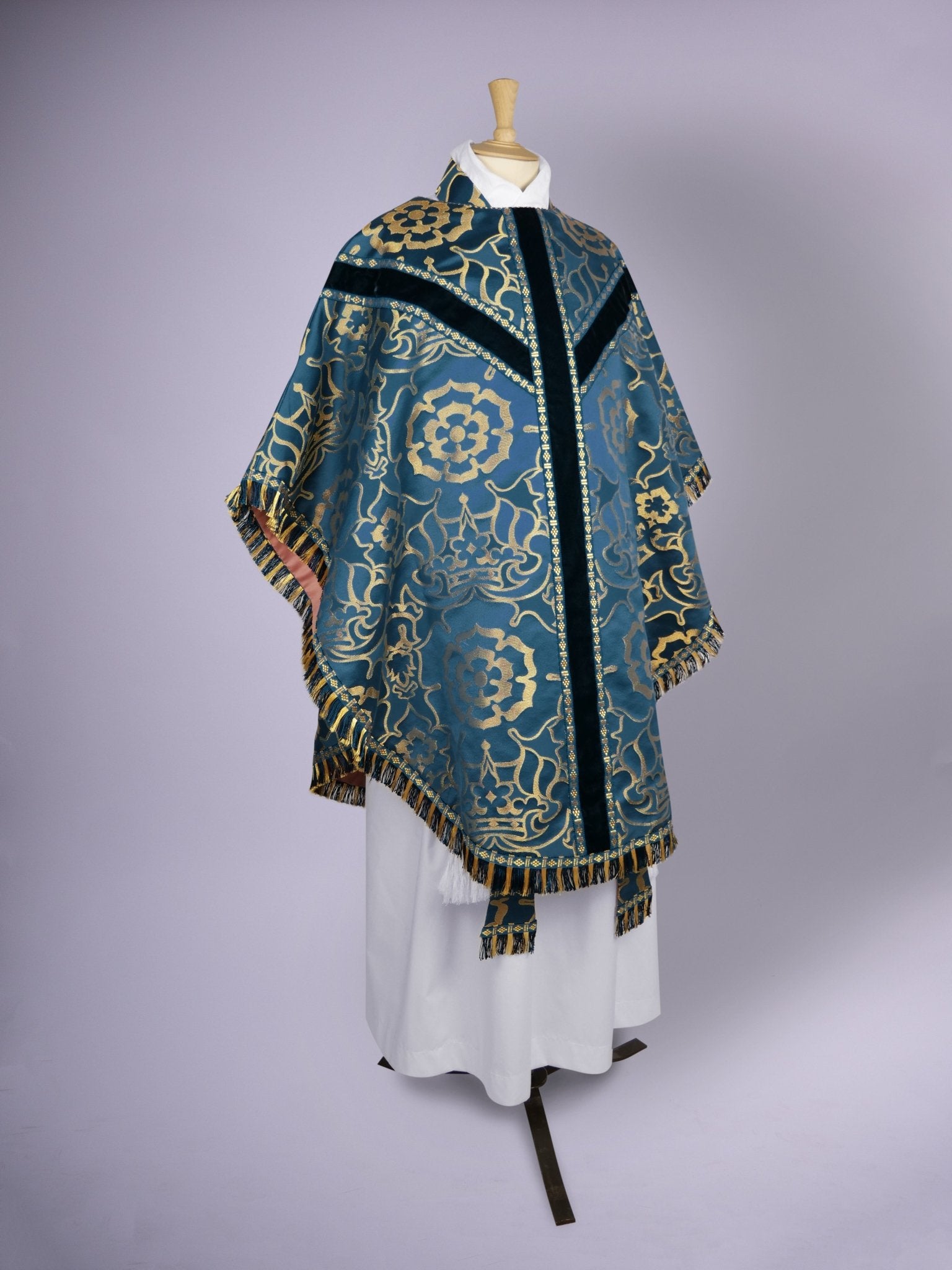 Semi-Gothic Chasuble in Blue/Gold 'Coronation' with Velvet Orphreys - Watts & Co.
