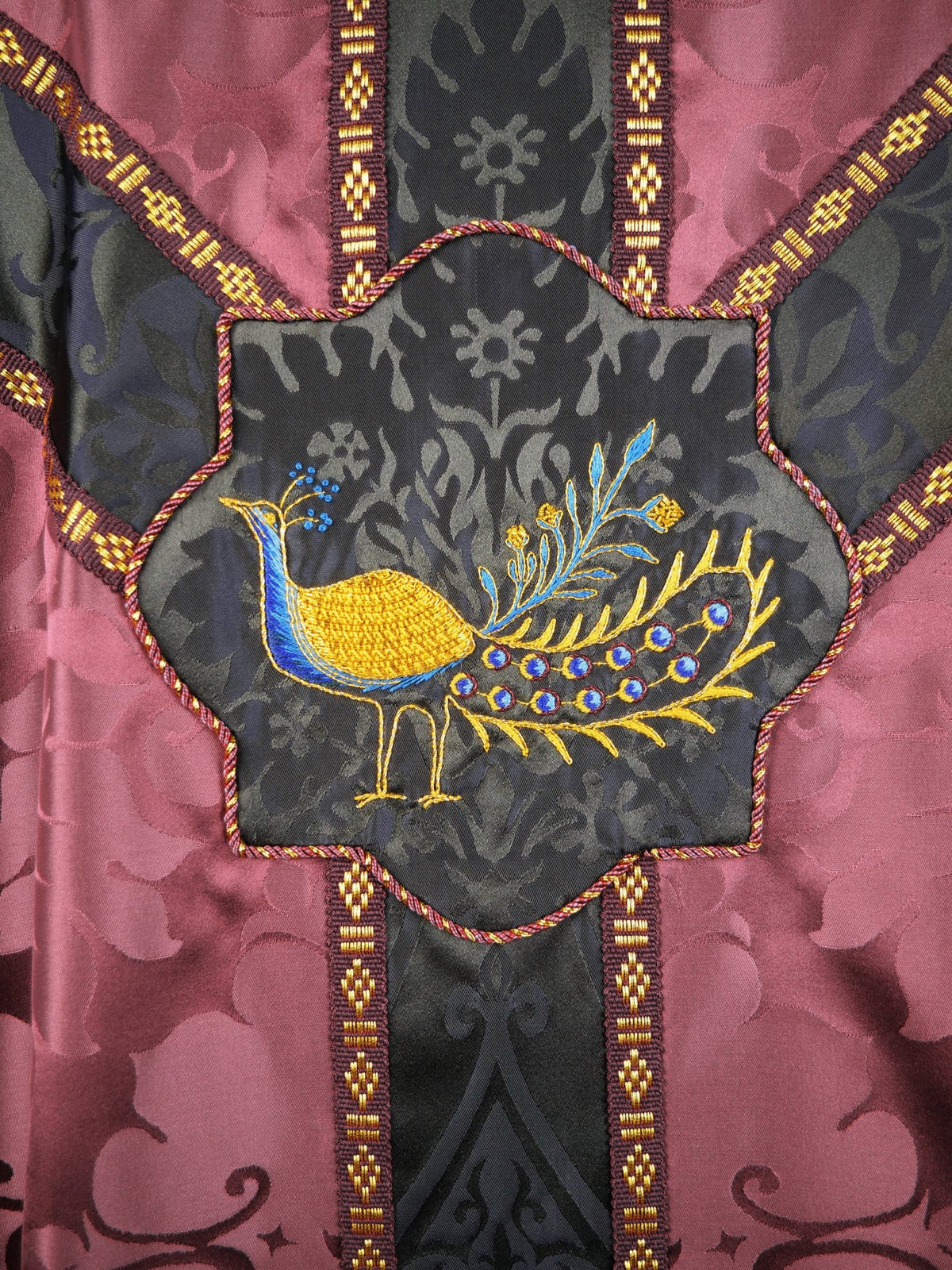 Semi-Gothic Chasuble in Comper Purple 'Bellini' with Sarum Indigo 'Gothic' Orphreys and Peacock Embroidery - Watts & Co.
