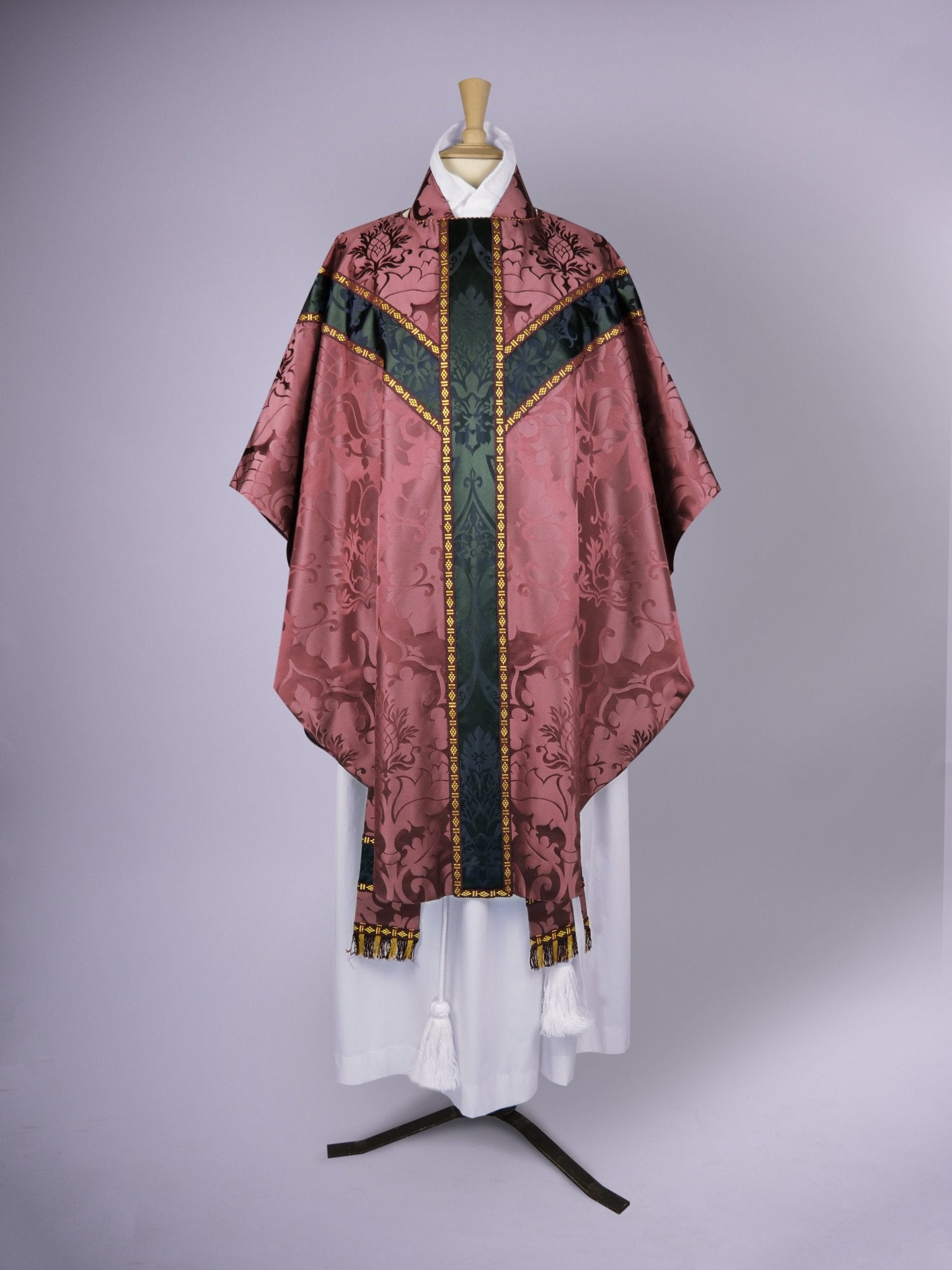 Semi-Gothic Chasuble in Comper Purple 'Bellini' with Sarum Indigo 'Gothic' Orphreys and Peacock Embroidery - Watts & Co.