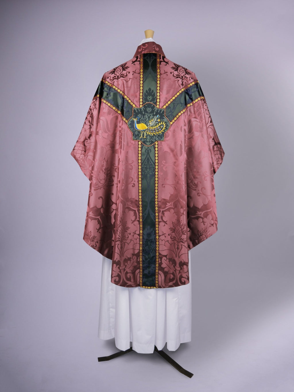 Semi-Gothic Chasuble in Comper Purple 'Bellini' with Sarum Indigo 'Gothic' Orphreys and Peacock Embroidery - Watts & Co.
