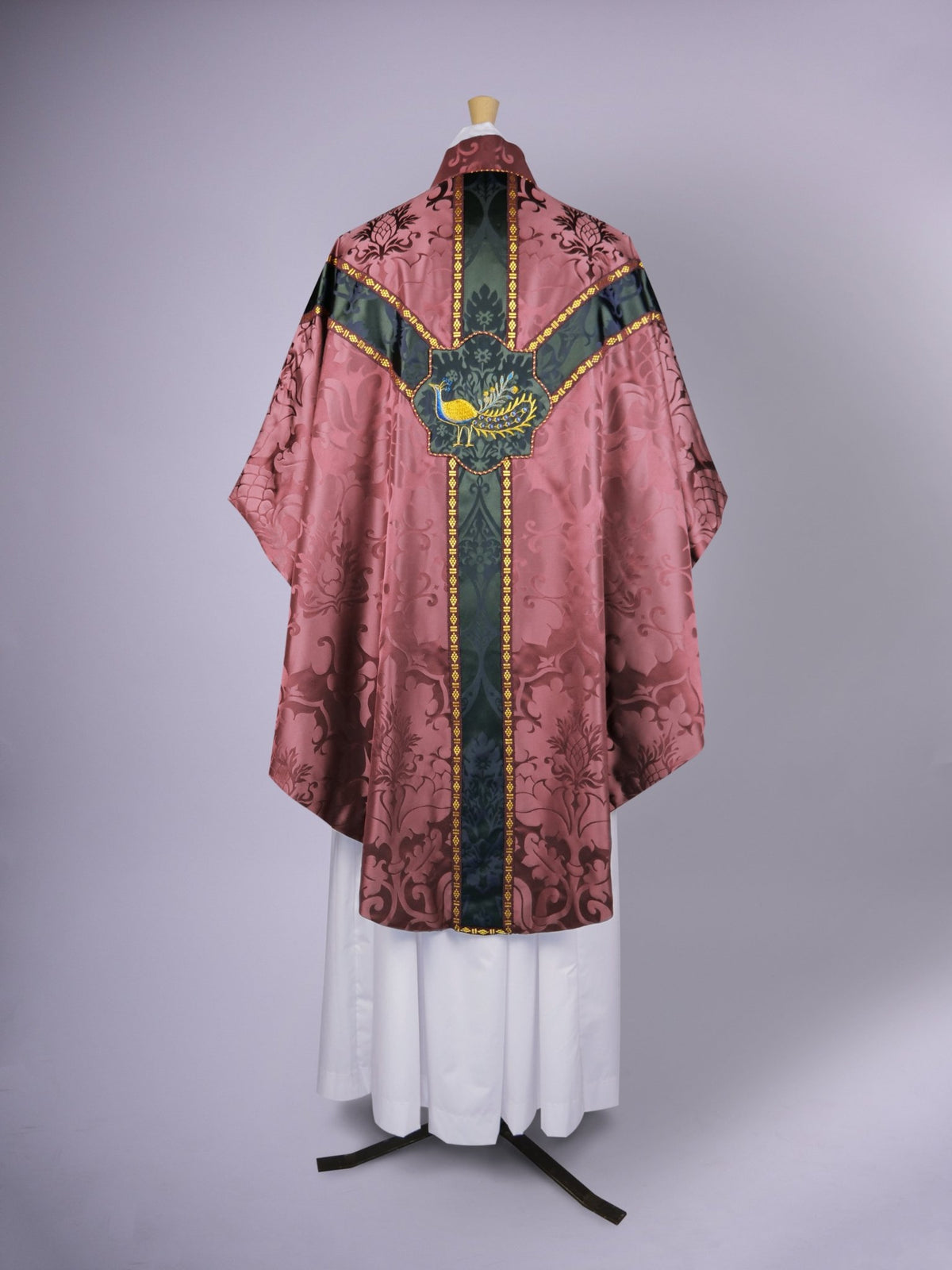 Semi-Gothic Chasuble in Comper Purple 'Bellini' with Sarum Indigo 'Gothic' Orphreys and Peacock Embroidery - Watts & Co.