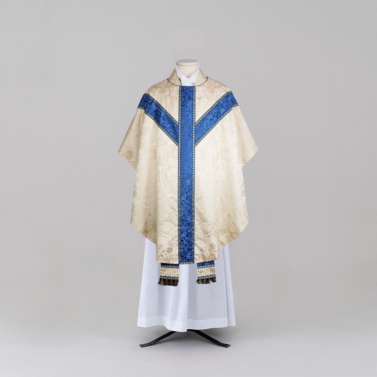 Semi - Gothic Chasuble in Cream 'Comper Cathedral' Silk Damask with Blue 'Hilliard' Orphreys and Fleur du Lys Embroidery - Watts & Co.