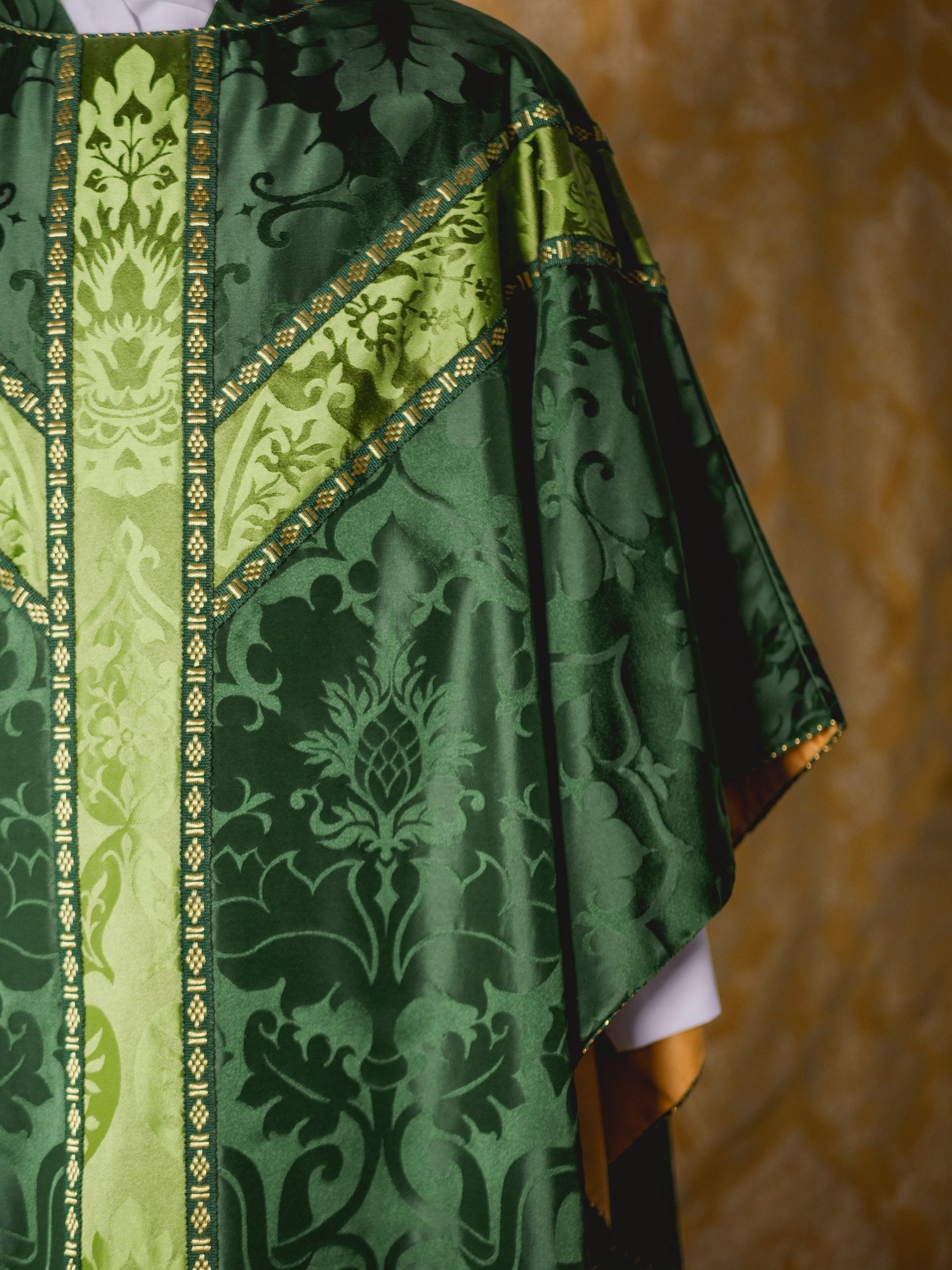Semi - Gothic Chasuble in Green 'Bellini' with Green 'Gothic' Orphreys - Watts & Co.