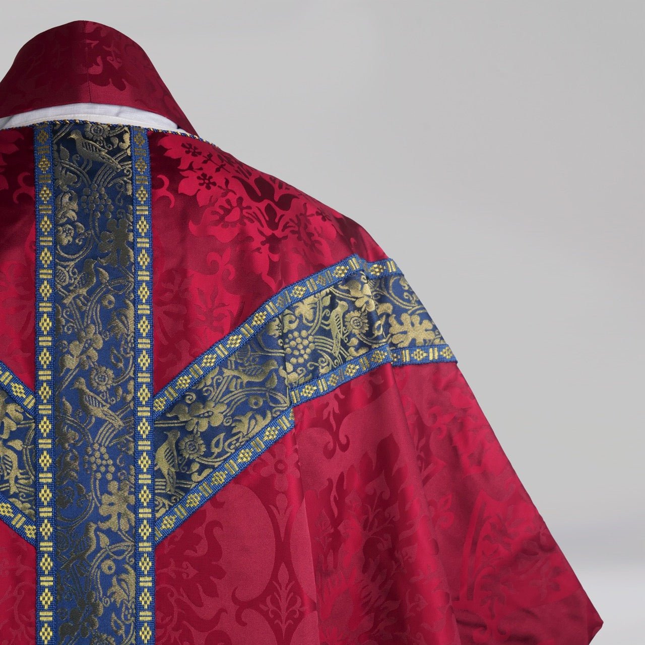 Semi - Gothic Chasuble in New Red 'Gothic' Silk Damask with Blue/Gilt 'Hilliard' Orphreys - Watts & Co.