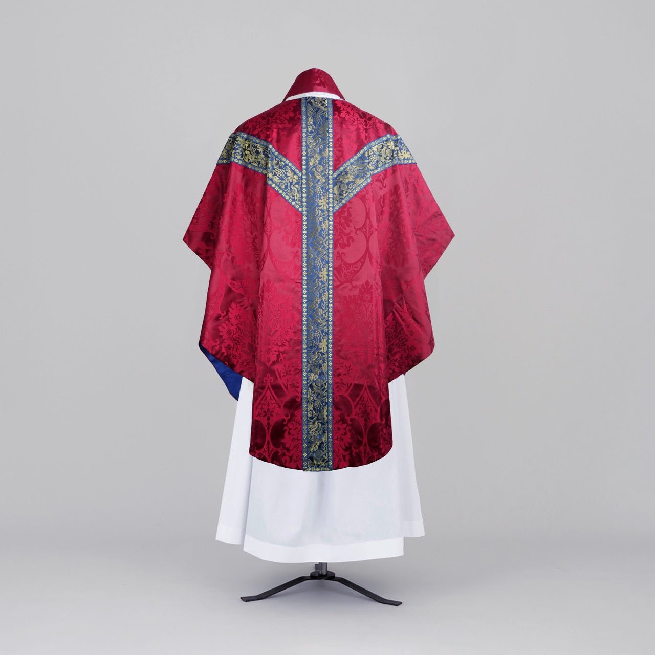 Semi - Gothic Chasuble in New Red 'Gothic' Silk Damask with Blue/Gilt 'Hilliard' Orphreys - Watts & Co.