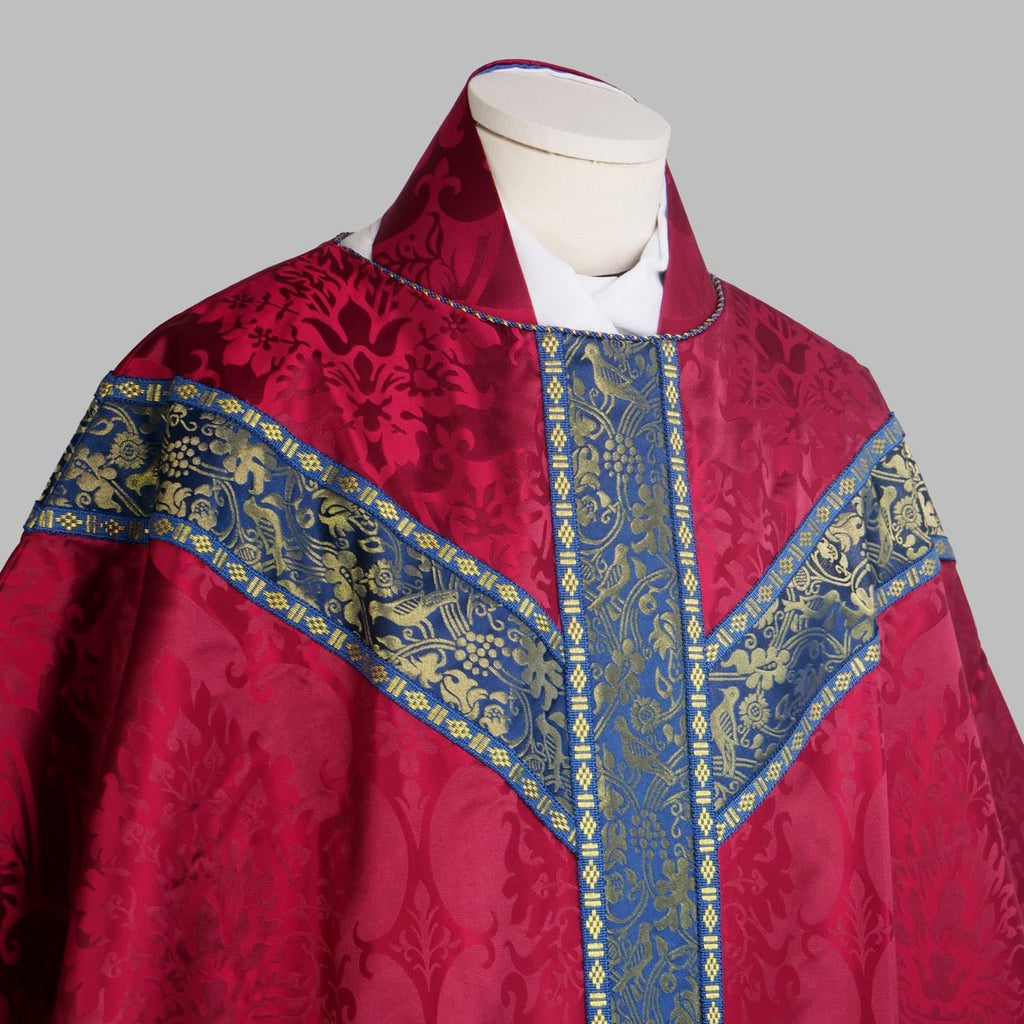 Semi - Gothic Chasuble in New Red 'Gothic' Silk Damask with Blue/Gilt 'Hilliard' Orphreys - Watts & Co.