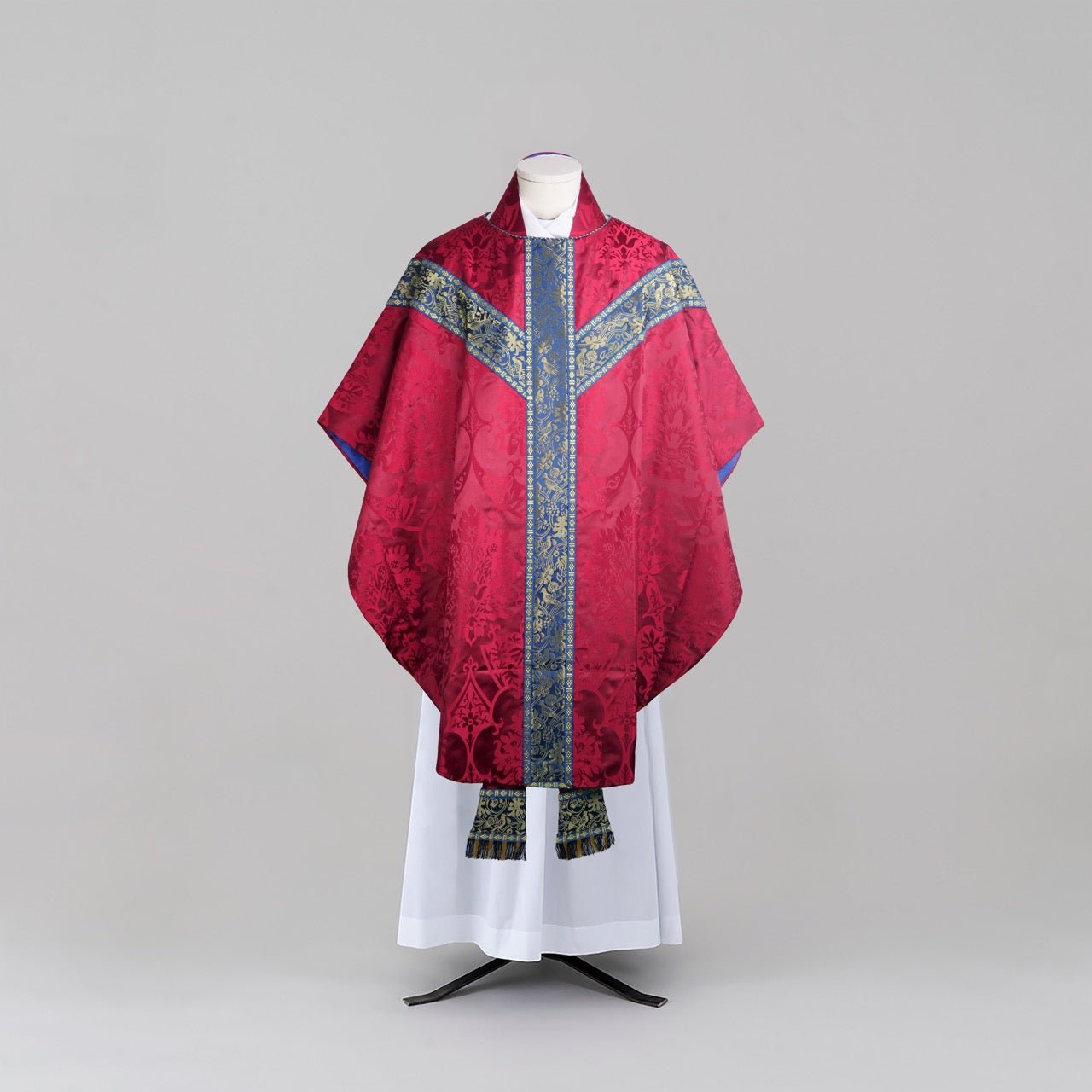 Semi - Gothic Chasuble in New Red 'Gothic' Silk Damask with Blue/Gilt 'Hilliard' Orphreys - Watts & Co.