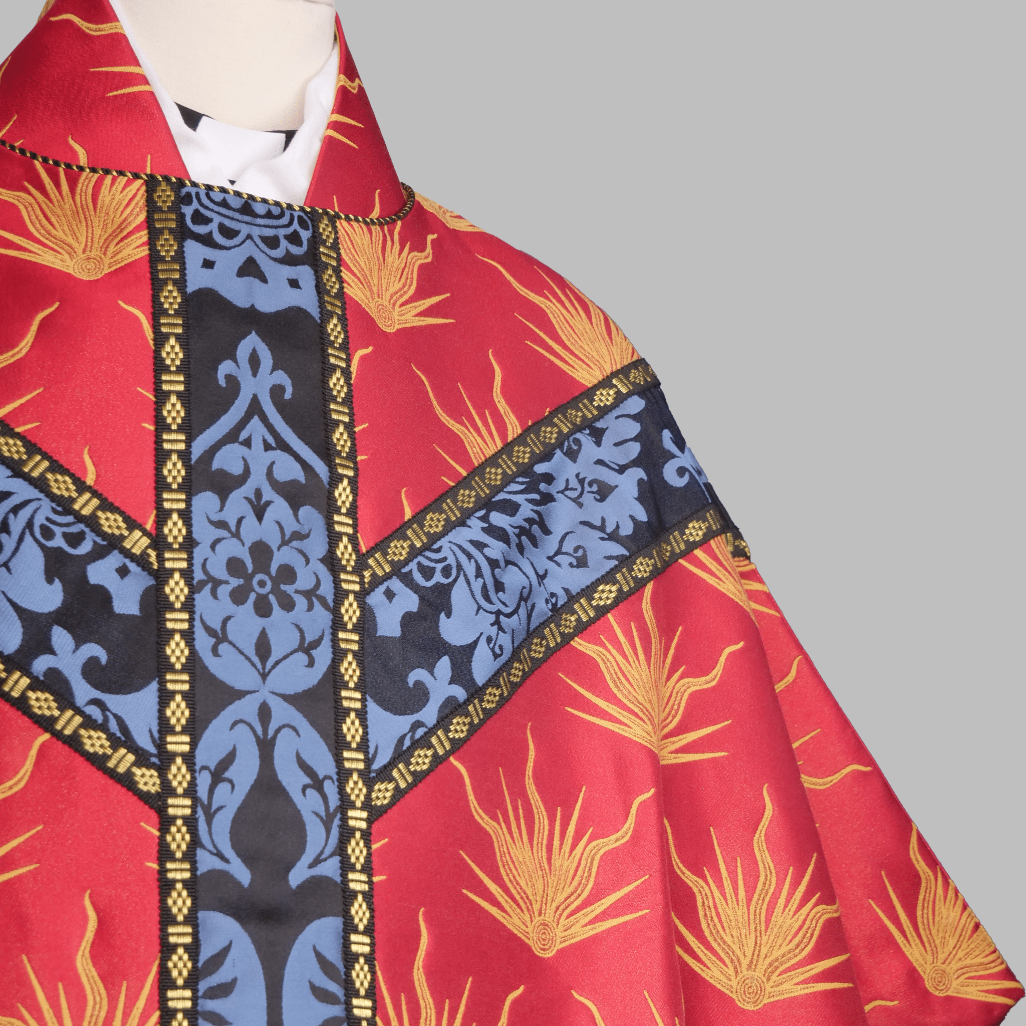 Semi - Gothic Chasuble in 'Pentecost' Brocade with Black/Blue 'Gothic' Orphreys - Watts & Co.
