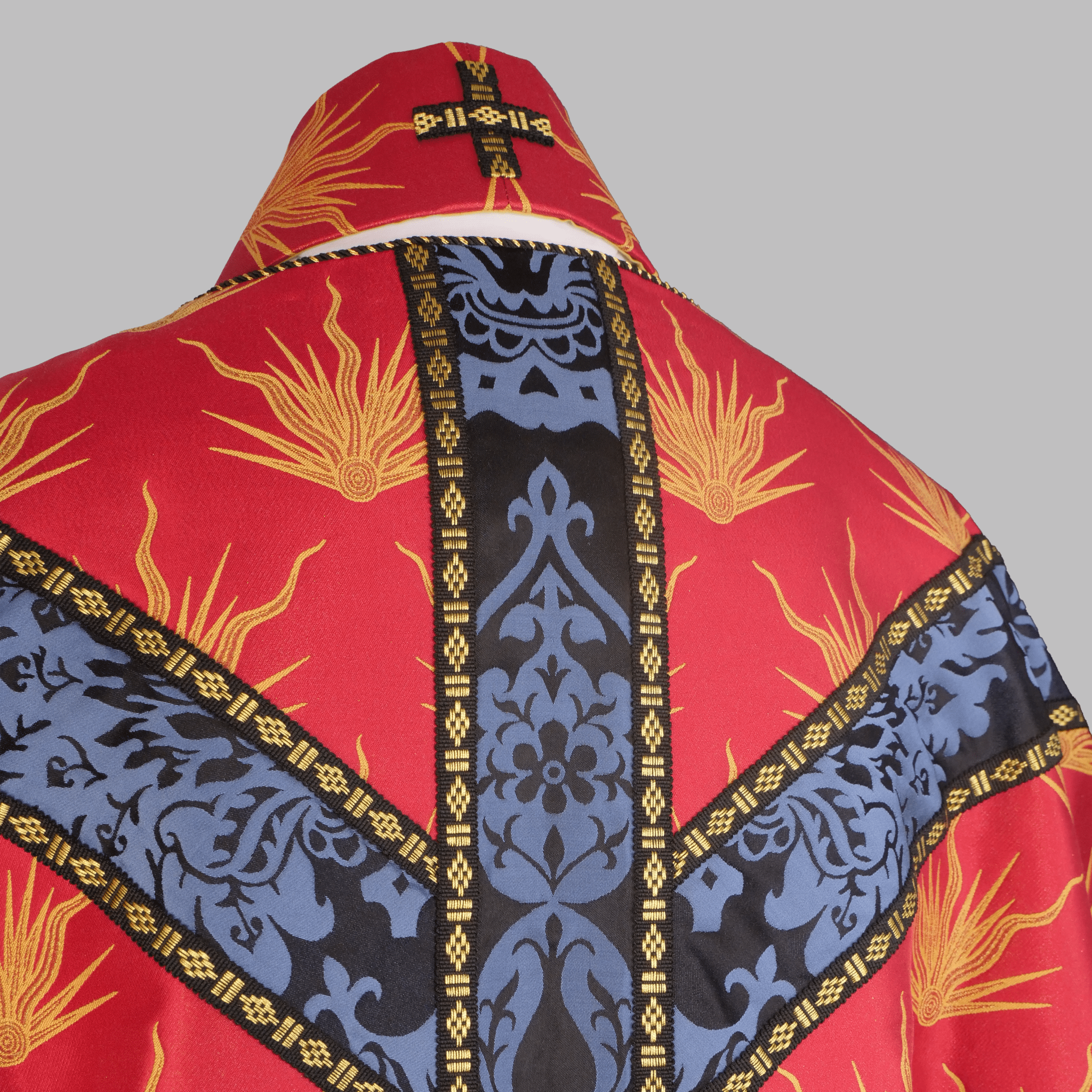 Semi - Gothic Chasuble in 'Pentecost' Brocade with Black/Blue 'Gothic' Orphreys - Watts & Co.