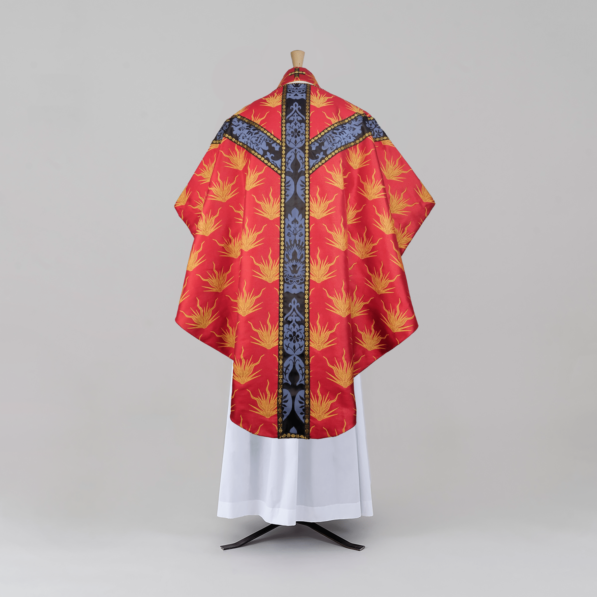 Semi - Gothic Chasuble in 'Pentecost' Brocade with Black/Blue 'Gothic' Orphreys - Watts & Co.