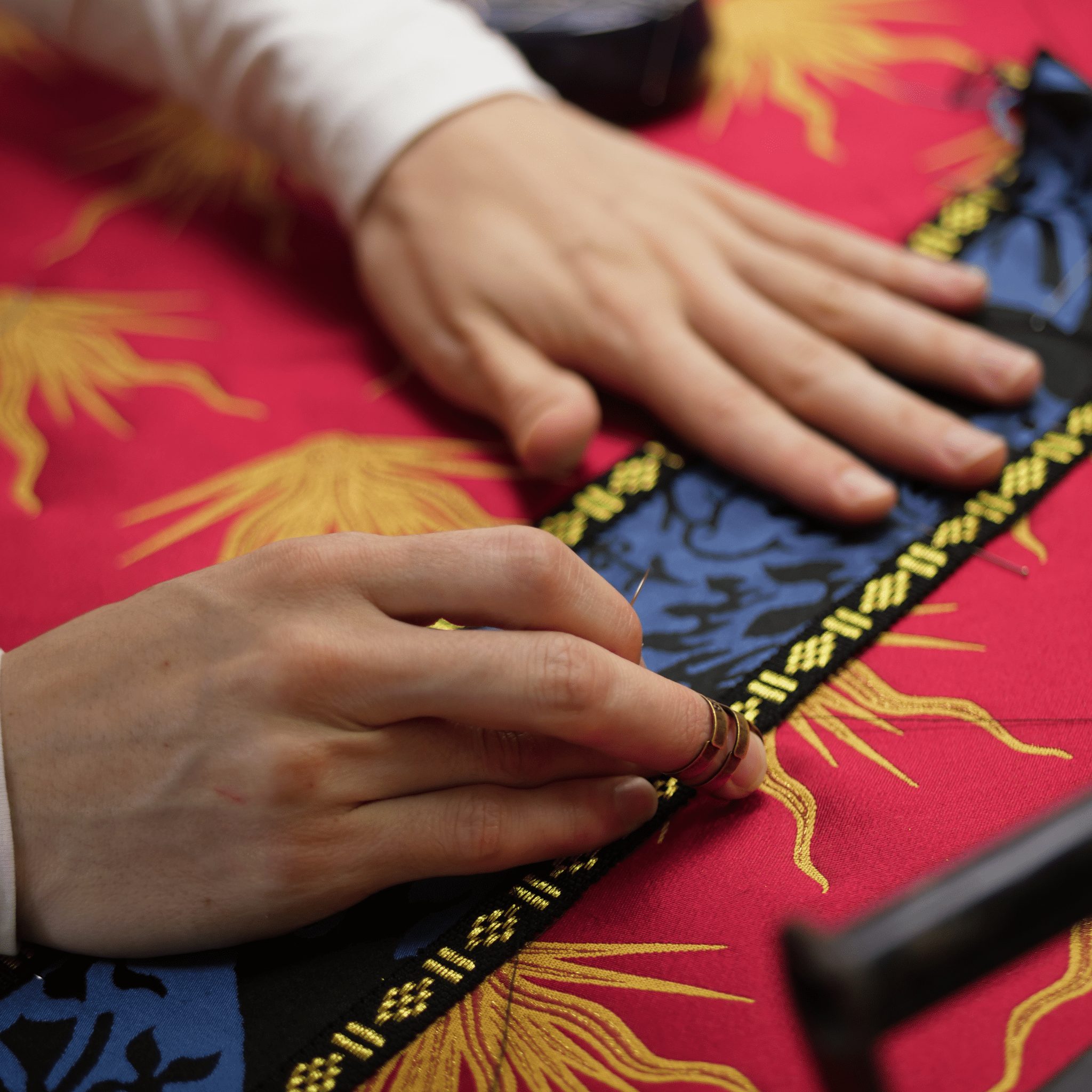 Semi - Gothic Chasuble in 'Pentecost' Brocade with Black/Blue 'Gothic' Orphreys - Watts & Co.