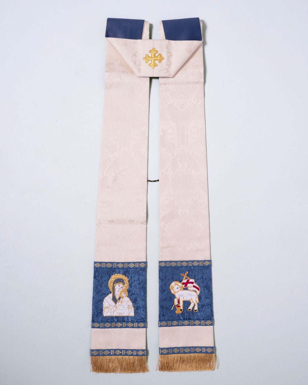 Tufton Stole in Cream 'Stag' with Blue 'Hilliard' Orphreys and Hand Embroidery - Watts & Co.