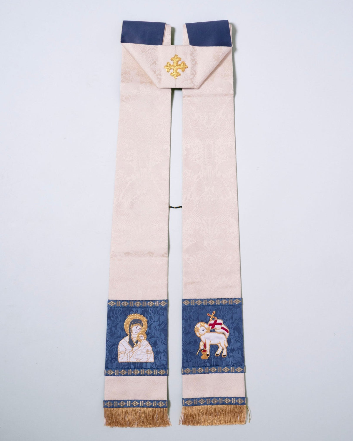 Tufton Stole in Cream 'Stag' with Blue 'Hilliard' Orphreys and Hand Embroidery - Watts & Co.