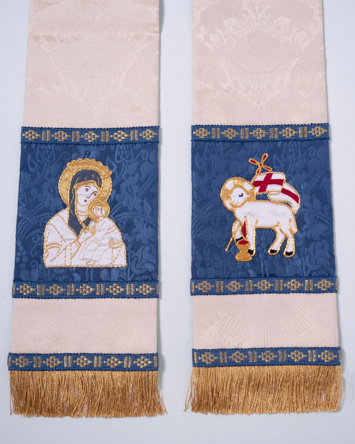 Tufton Stole in Cream 'Stag' with Blue 'Hilliard' Orphreys and Hand Embroidery - Watts & Co.