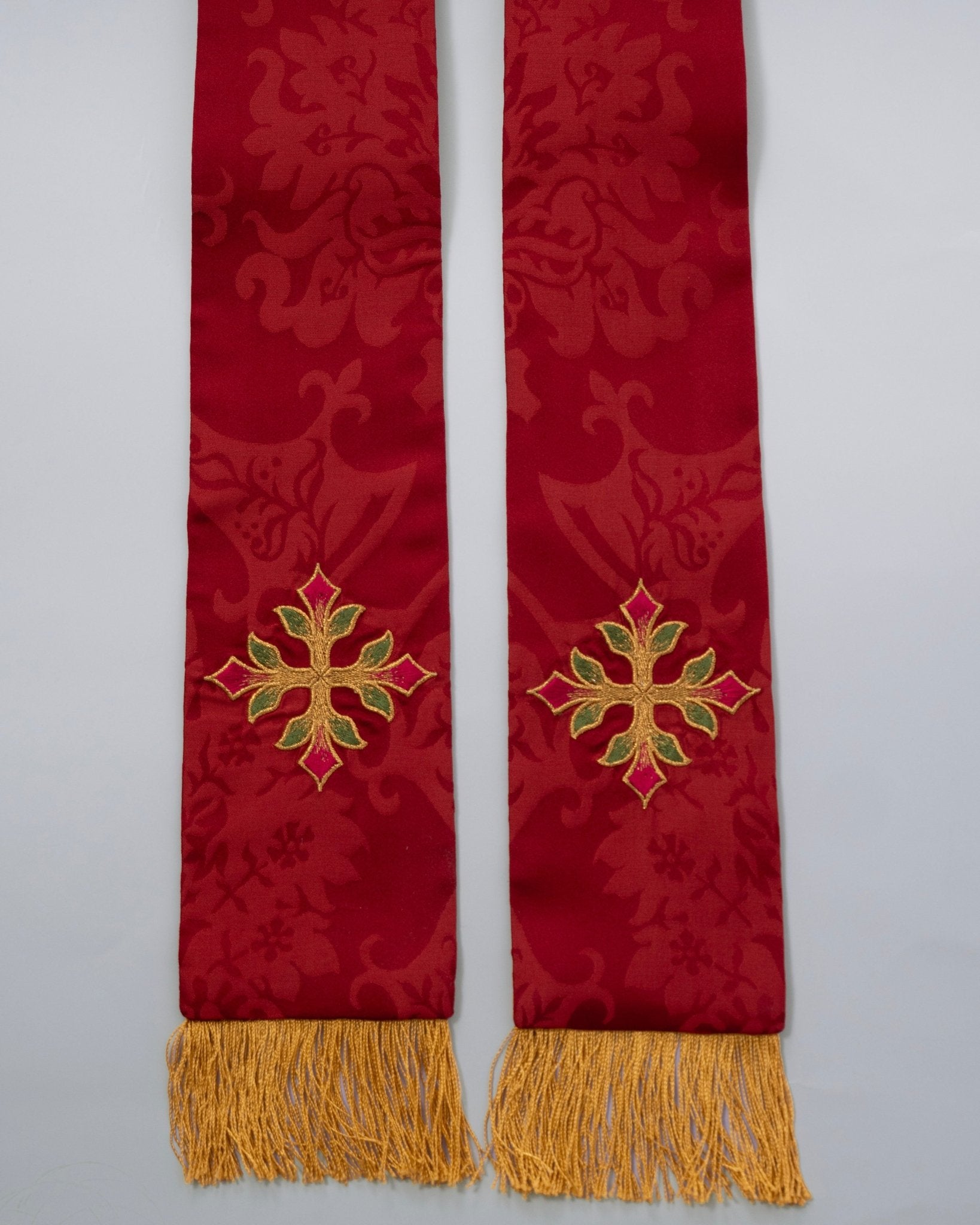 Tufton Stole in Sarum Red 'Gothic' with Embroidered Crosses - Watts & Co.