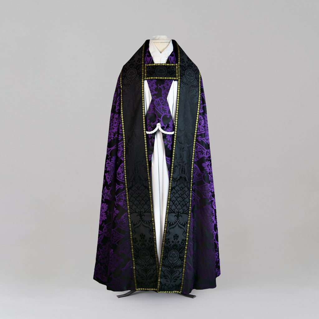 Westminster Cope in Black & Royal Purple 'Gothic' with Black 'Comper Cathedral' Orphreys - Watts & Co.