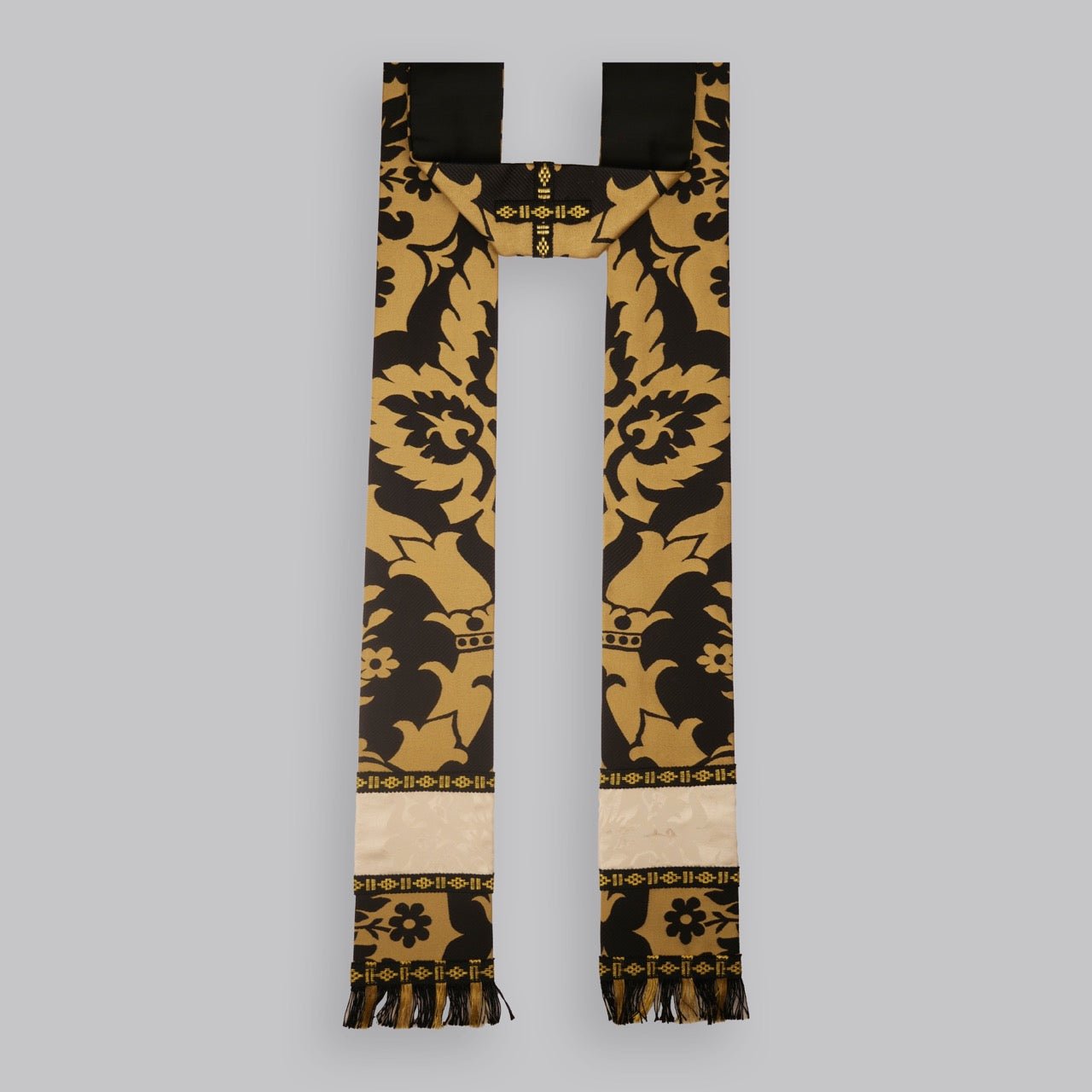 Westminster Cope in Black/Gold 'Van Der Weyden' with Peacock Embroidered Hood and Orphreys - Watts & Co.