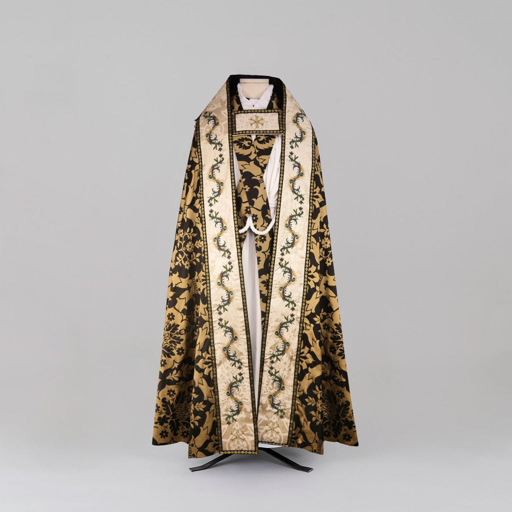 Westminster Cope in Black/Gold 'Van Der Weyden' with Peacock Embroidered Hood and Orphreys - Watts & Co.