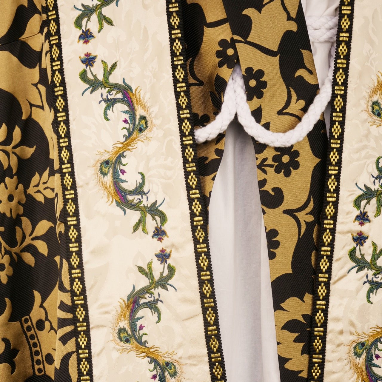 Westminster Cope in Black/Gold 'Van Der Weyden' with Peacock Embroidered Hood and Orphreys - Watts & Co.