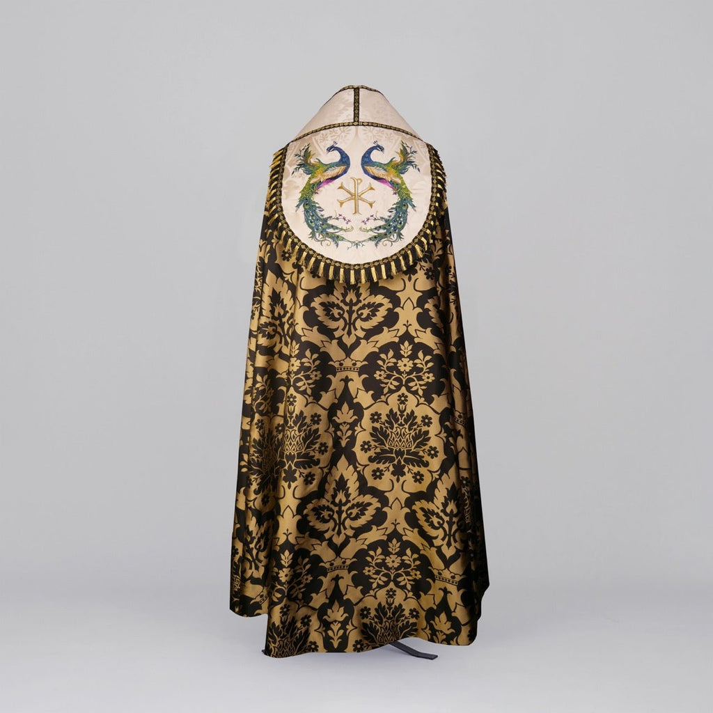 Westminster Cope in Black/Gold 'Van Der Weyden' with Peacock Embroidered Hood and Orphreys - Watts & Co.