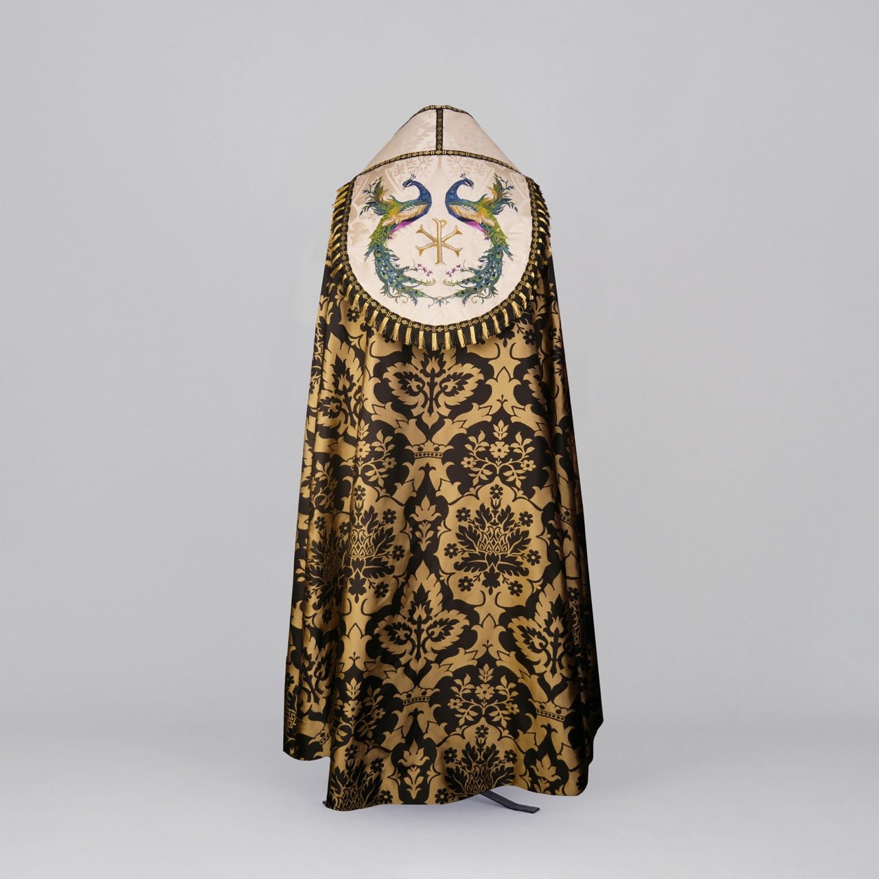 Westminster Cope in Black/Gold 'Van Der Weyden' with Peacock Embroidered Hood and Orphreys - Watts & Co.