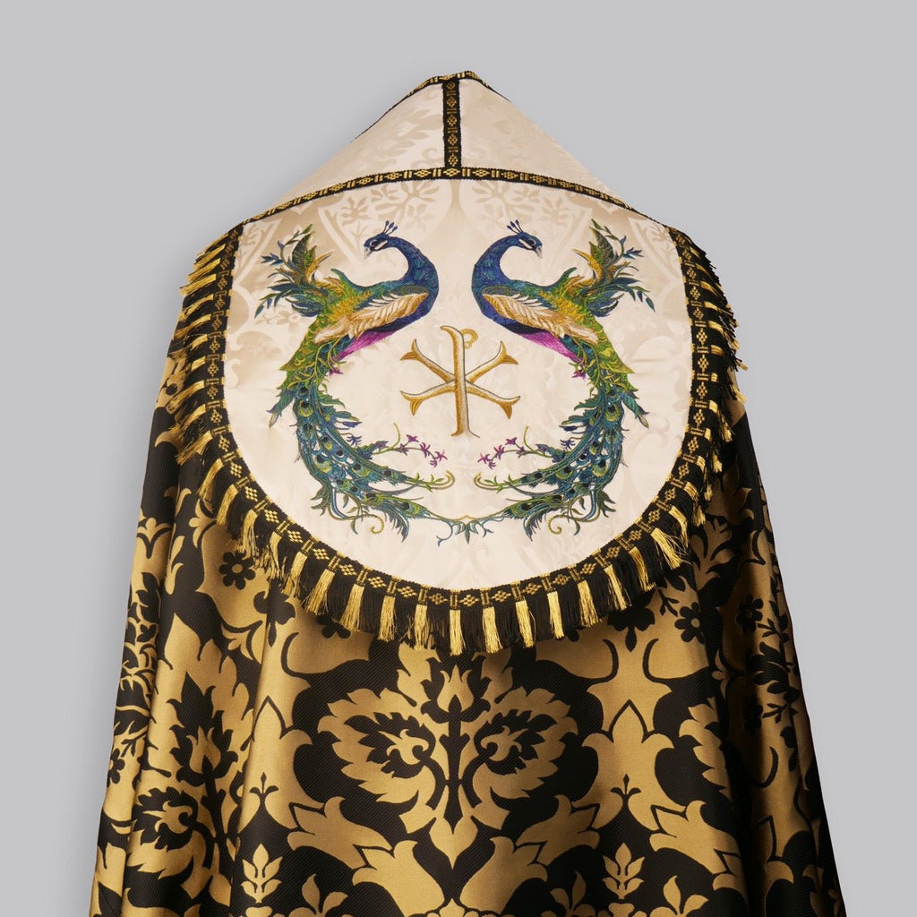 Westminster Cope in Black/Gold 'Van Der Weyden' with Peacock Embroidered Hood and Orphreys - Watts & Co.