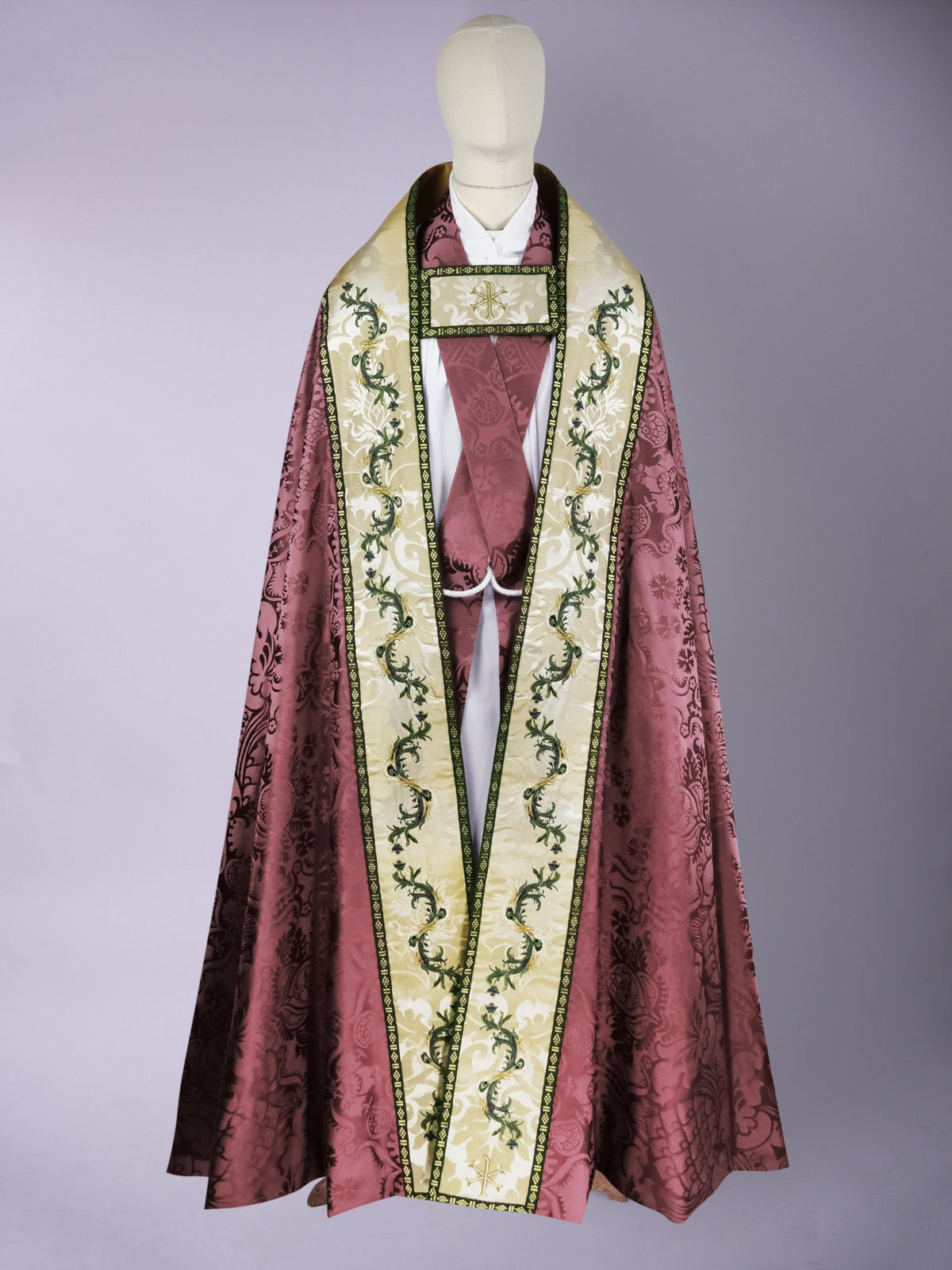 Westminster Cope in Comper Purple 'Comper Cathedral' with Peacock Embroidered Hood and Orphreys - Watts & Co.