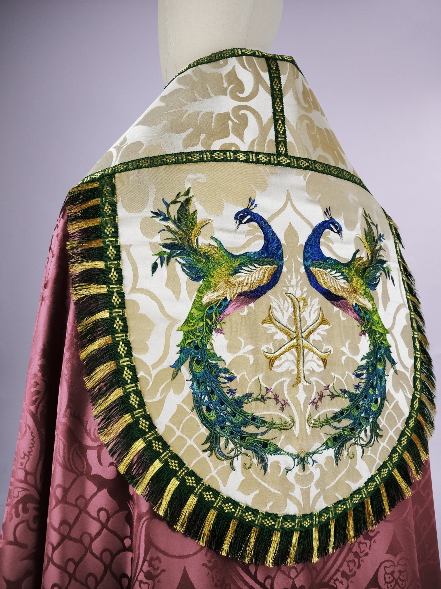 Westminster Cope in Comper Purple 'Comper Cathedral' with Peacock Embroidered Hood and Orphreys - Watts & Co.