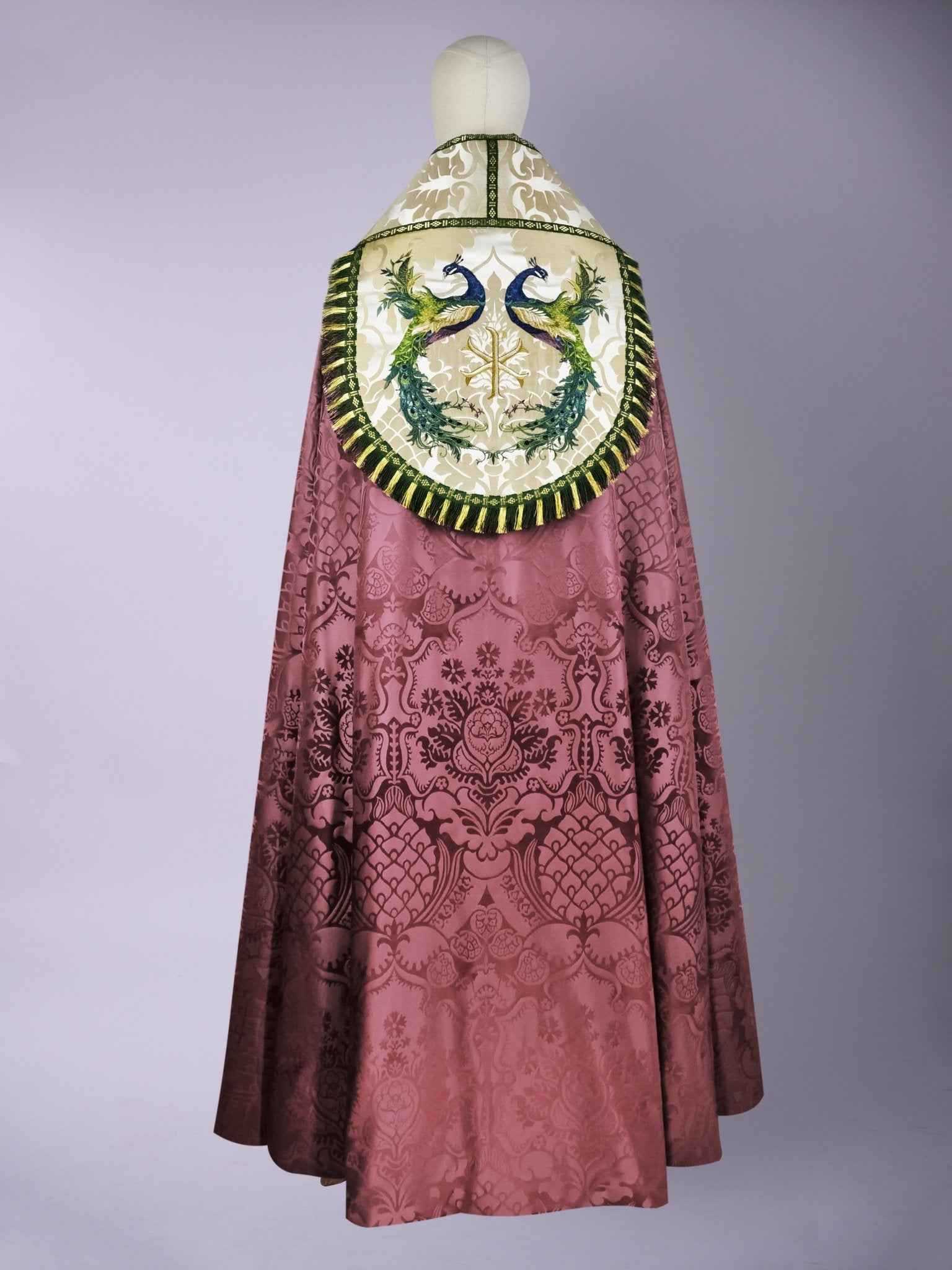 Westminster Cope in Comper Purple 'Comper Cathedral' with Peacock Embroidered Hood and Orphreys - Watts & Co.