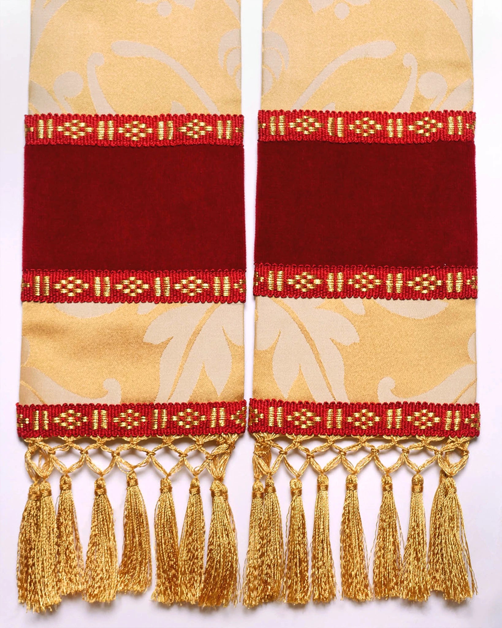 Westminster Cope in Gold/Cream 'Shrewsbury' with Berry 'Venice' Velvet orphreys and an IHS Hand - Embroidered Hood - Watts & Co.