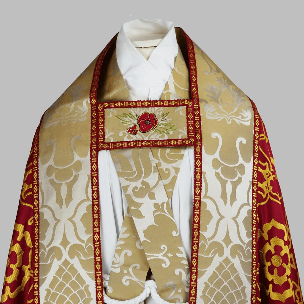 Westminster Cope in Red 'Coronation' with Oyster and Old Gold 'Bellini' Orphreys - Watts & Co.