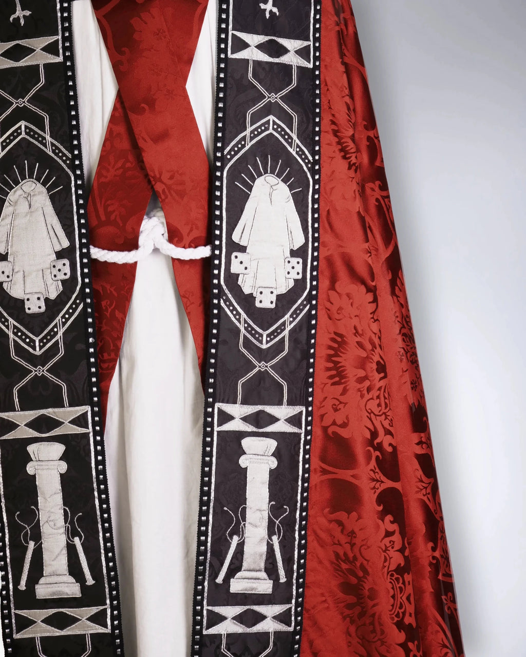 Westminster Cope in Sarum Red 'Gothic' with Hand - embroidered Symbols of the Passion - Watts & Co.