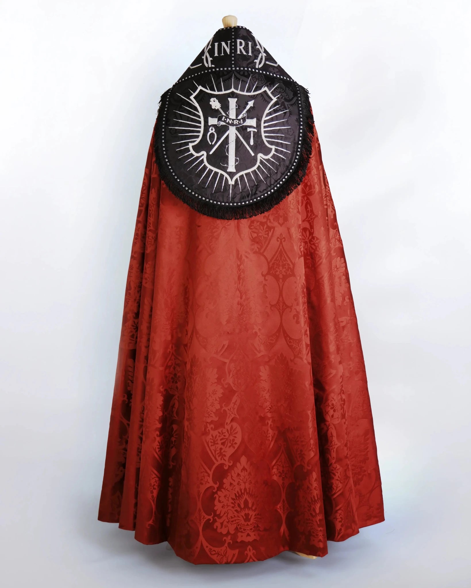 Westminster Cope in Sarum Red 'Gothic' with Hand - embroidered Symbols of the Passion - Watts & Co.