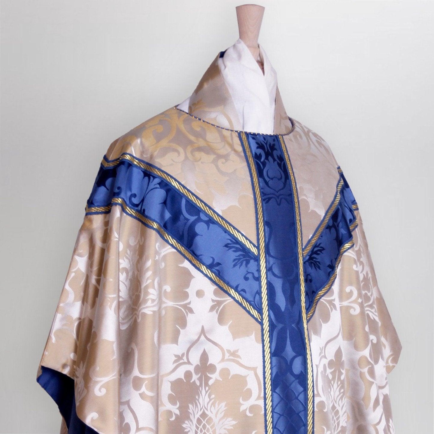 Semi-Gothic Chasuble in Oyster 'Bellini' with Blue 'Bellini' Orphreys