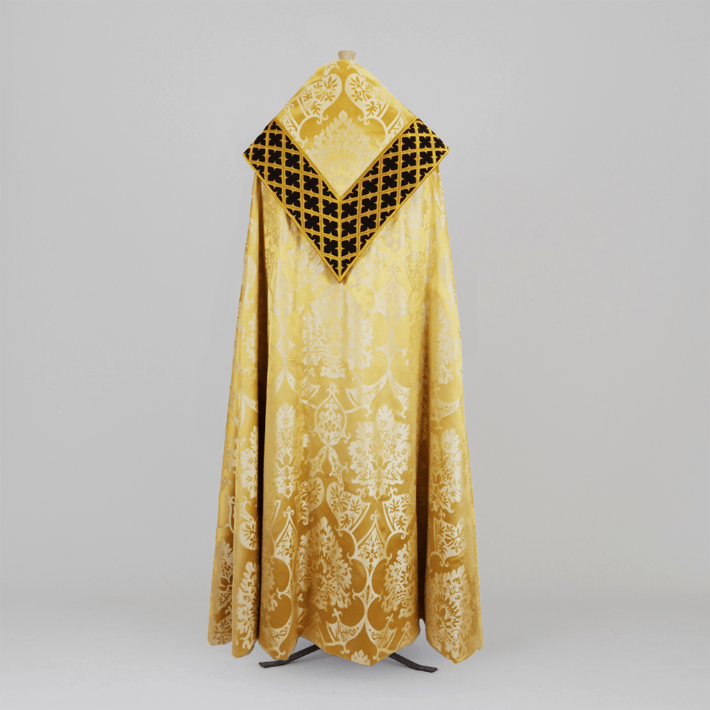 Portsmouth Style Cope in Cream/Gold 'Gothic' with 'Gothic Trellis' Trim on the Hood and Morse - Watts & Co.