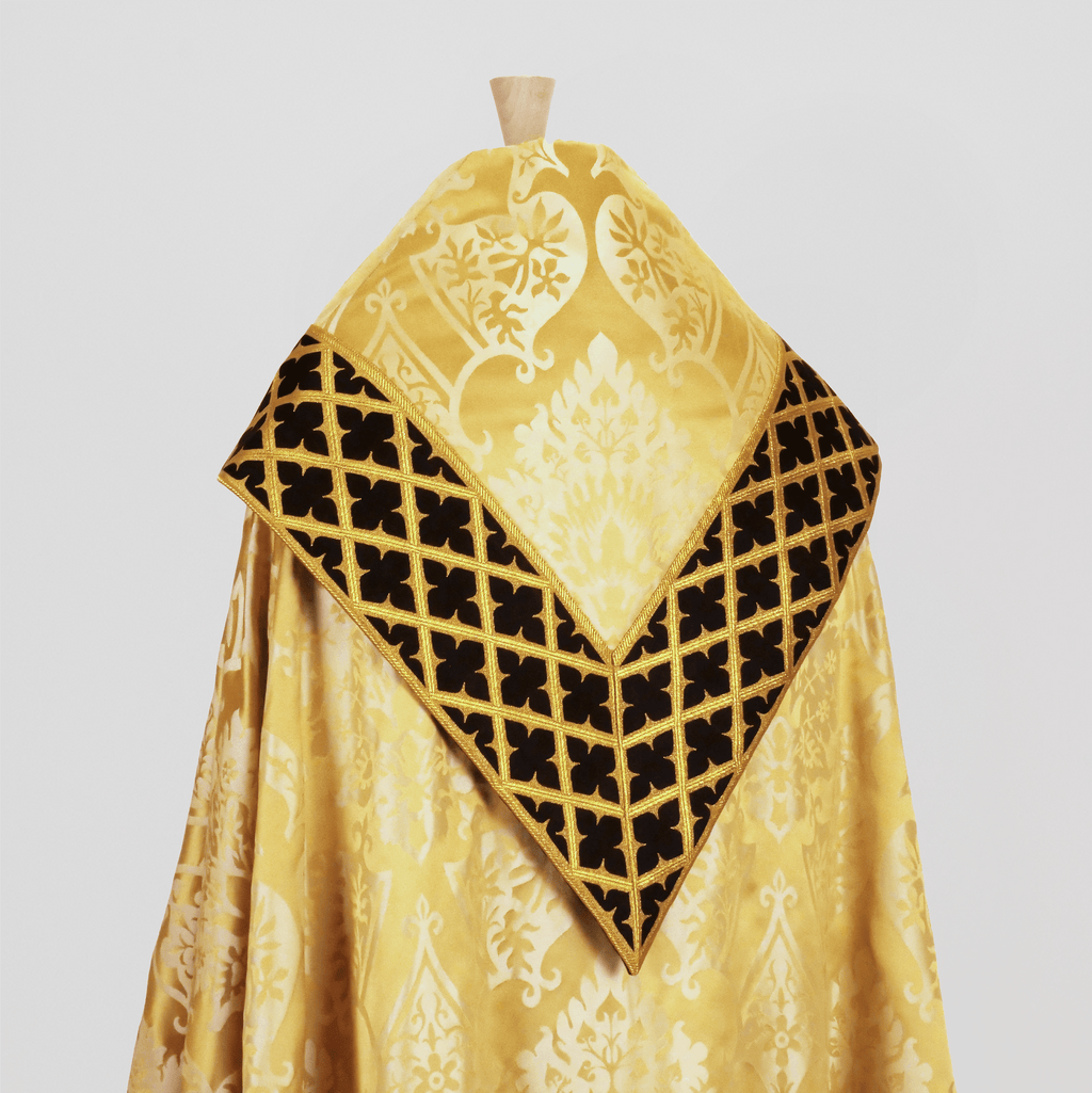 Portsmouth Style Cope in Cream/Gold 'Gothic' with 'Gothic Trellis' Trim on the Hood and Morse - Watts & Co.