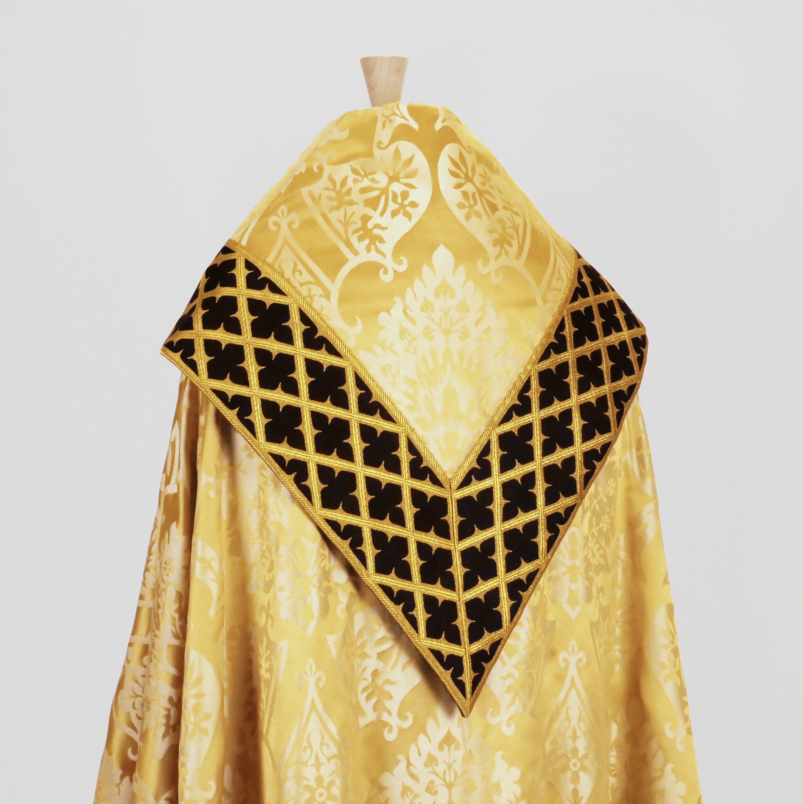 Portsmouth Style Cope in Cream/Gold 'Gothic' with 'Gothic Trellis' Trim on the Hood and Morse - Watts & Co.