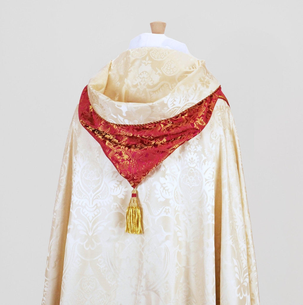 Abbey Cope in Cream 'Comper Cathedral' with orphreys, hood, and morse of Comper Rose/Gilt 'Hilliard' - Watts & Co.