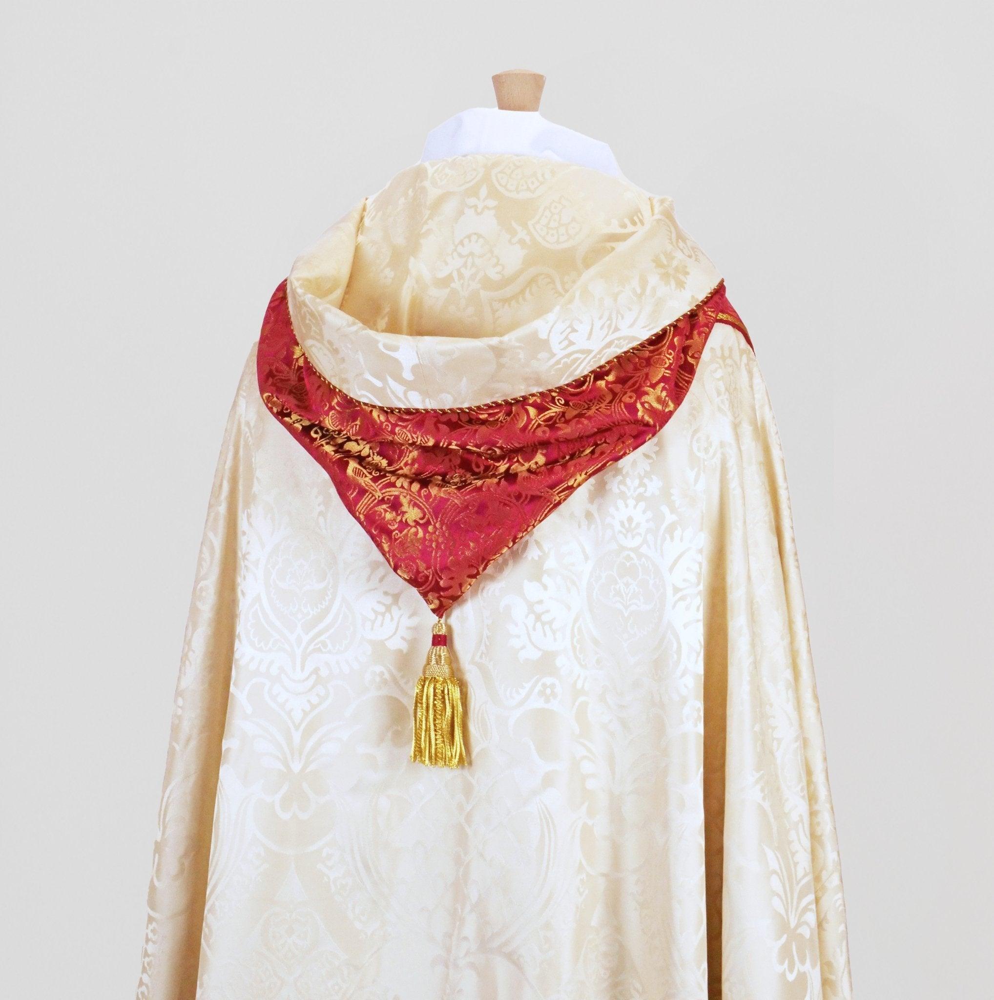 Abbey Cope in Cream 'Comper Cathedral' with orphreys, hood, and morse of Comper Rose/Gilt 'Hilliard' - Watts & Co.