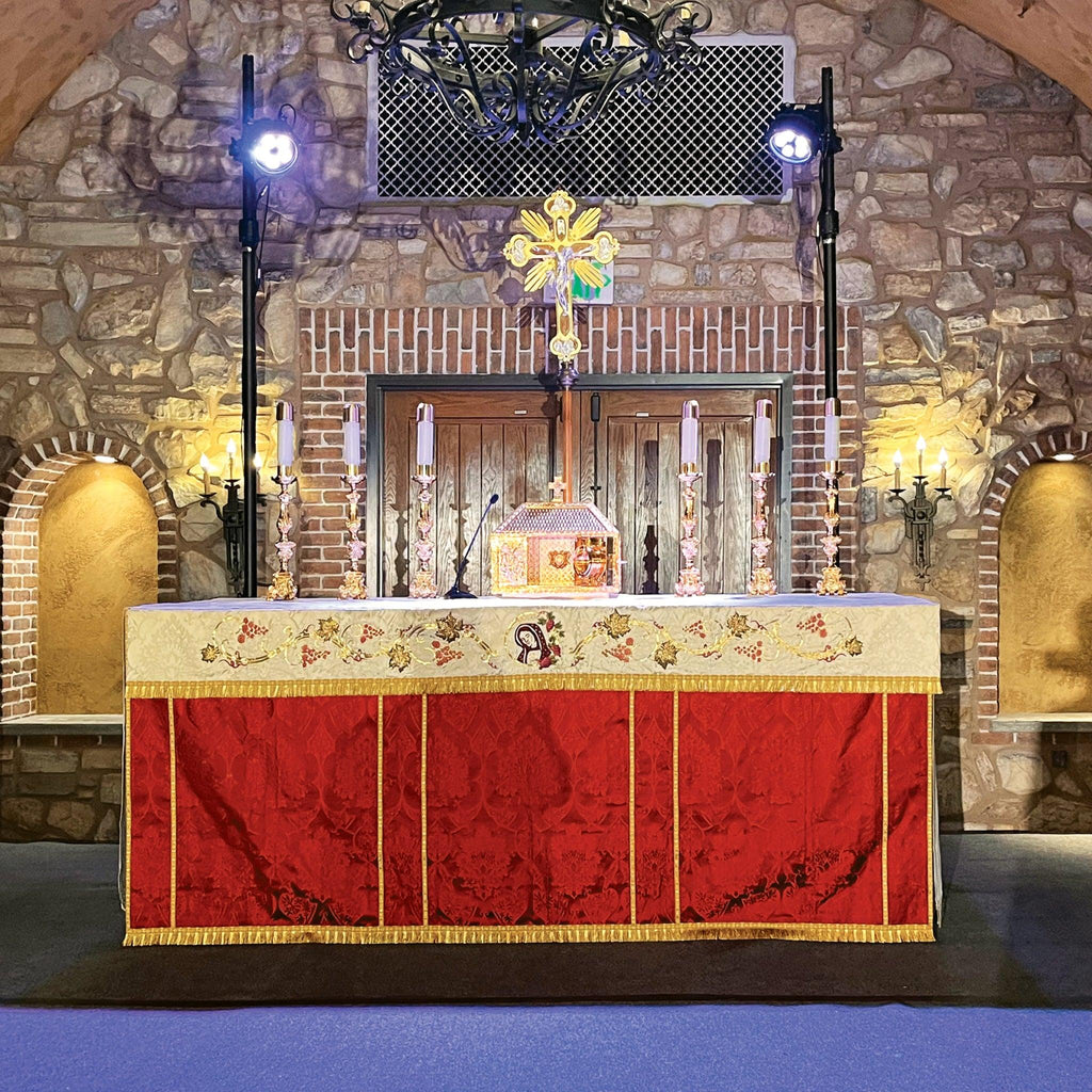 Altar Frontal in Sarum Red 'Gothic' with Embroidered Superfrontal in Cream 'Gothic' - Watts & Co.