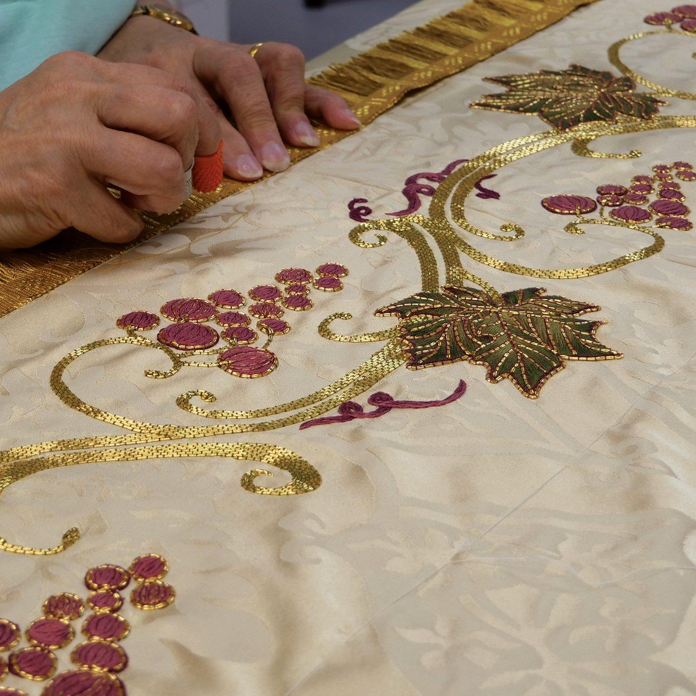Altar Frontal in Sarum Red 'Gothic' with Embroidered Superfrontal in Cream 'Gothic' - Watts & Co.